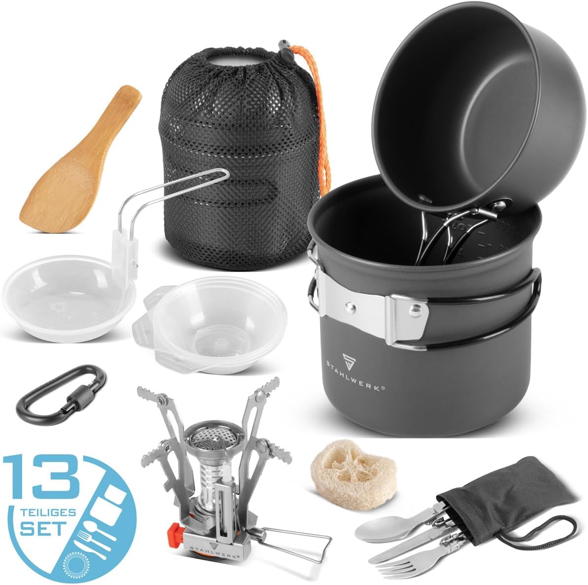 STAHLWERK Camping-Kochgeschirr-Set | Aluminium-Campinggeschirr-Komplettset mit Topf, Pfanne, Gaskocher, Plastikschüsseln und Besteck | Hochwertiges Outdoor-Kochset – Bild 2