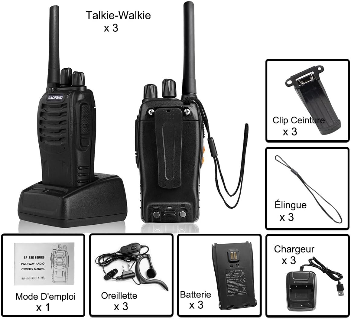 Baofeng Walkie Talkies Radio PMR446, Zwei-Wege-Radio, professionelle Gegensprechanlage, 16 Kanäle, Funkempfänger, Sender und Empfangsgerät, inklusive Akku, Headset und USB-Ladestation (3 Stück) – Bild 8