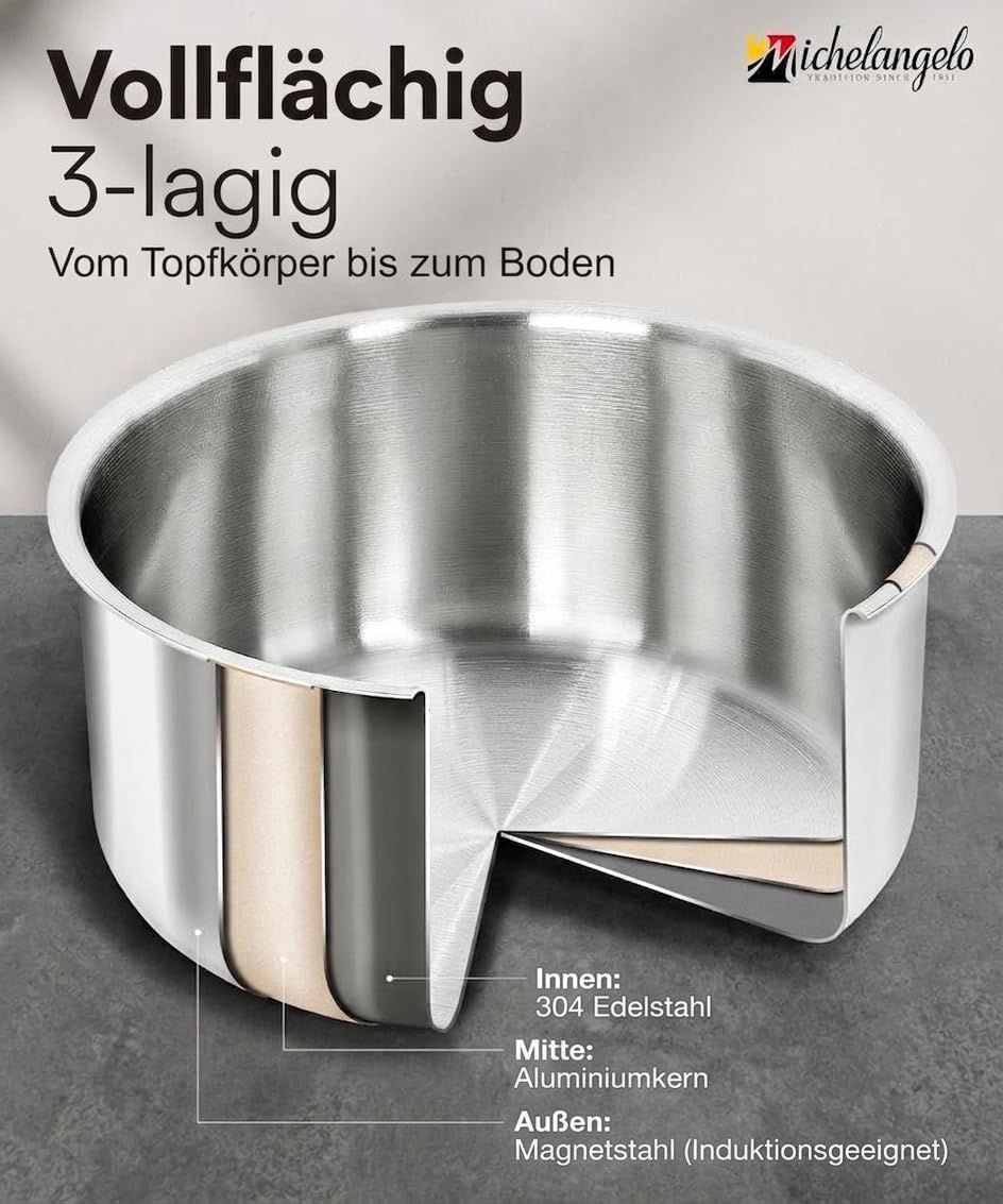 Michelangelo 14-teiliges Induktionstopf-Set, Edelstahl, abnehmbare Griffe | Stapelbares Kochgeschirrset, durchgehend 3-lagig, platzsparend für Camping und Wohnmobil, Topf- und Pfannenset – Bild 7
