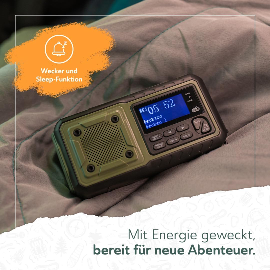 Acta Berg Kurbelradio DAB+/FM, Notfallradio, 5000 mAh Akku (Armeegrün) | Mit USB, Batteriebetrieb möglich, Notfallausrüstung für Stromausfall, integrierte Taschenlampe, Ladegerät für Mobiltelefon, Wecker – Bild 4