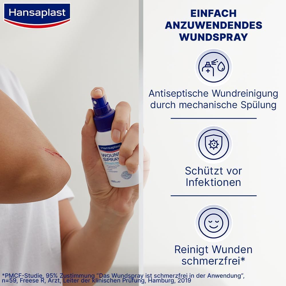 Hansaplast Wundspray 1er Set (50 ml) zur antiseptischen Wundreinigung, Wunddesinfektionsspray für empfindliche Haut, farblose Wunddesinfektion | Antiseptische Wundreinigung, mechanische Spülung, Schutz vor Wundinfektionen, farblos, hautfreundlich – Bild 2