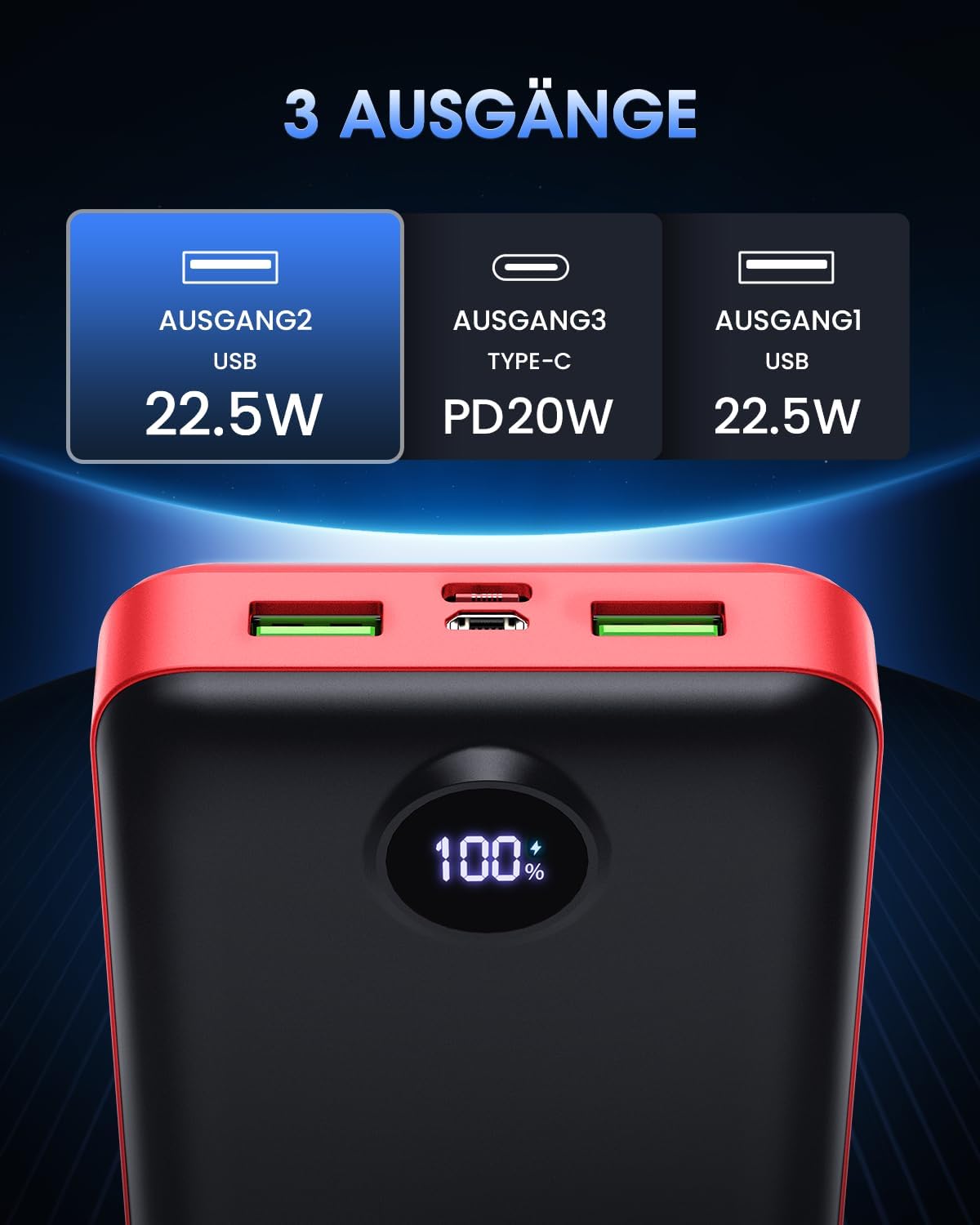 PowerBank 50.000 mAh, große Kapazität, 22,5 W, schnelles Aufladen, externer Akku, USB-C, 3 Ausgänge und 2 Eingänge, LED-Anzeige, Powerbank, kompatibel mit Smartphone, Tablet, Android usw. Rot – Bild 2