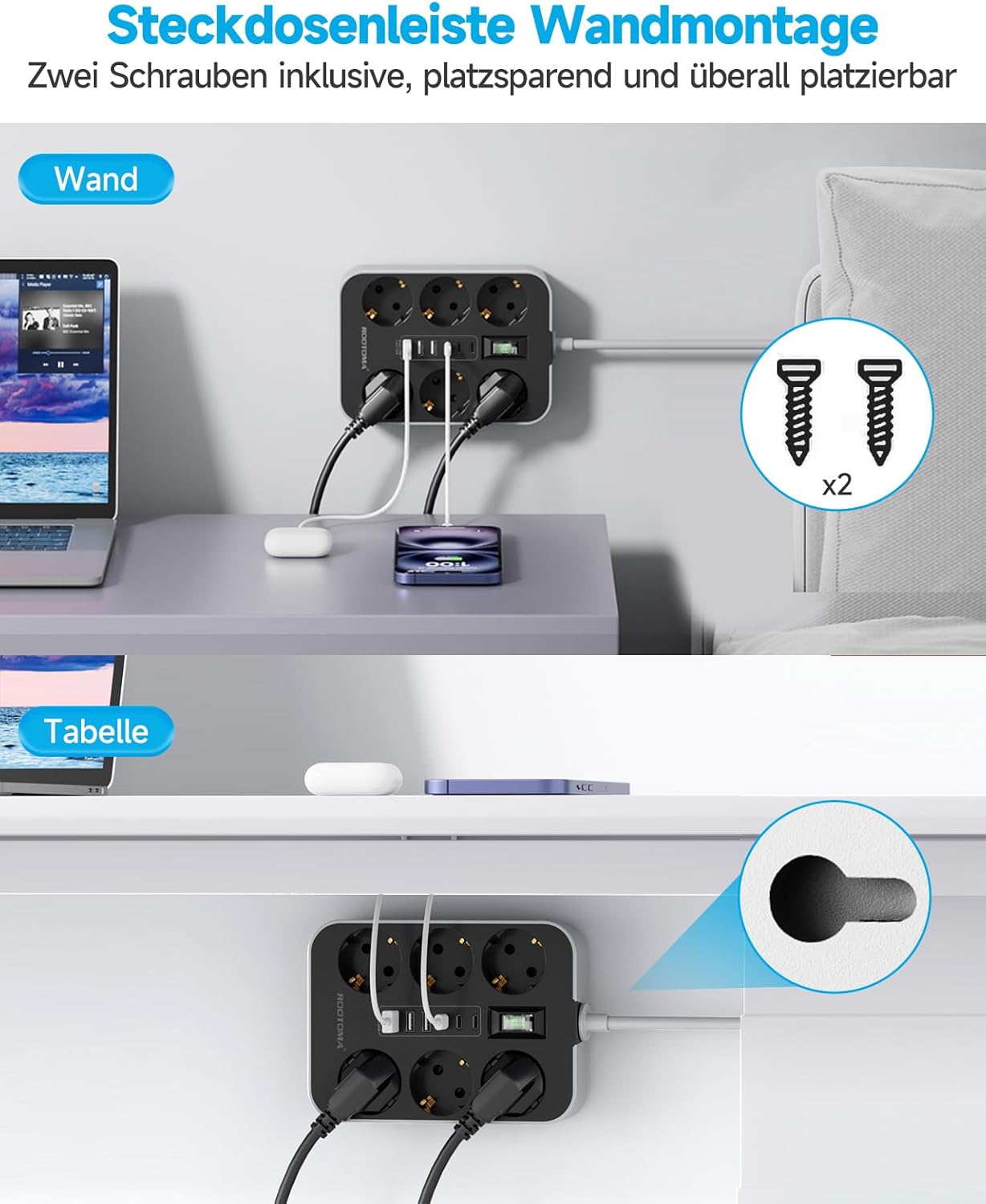 6-fach Steckdosenleiste mit USB (3 USB-A 3 USB-C) Mehrfachsteckdose Wandmontage, Steckdose mit Schalter und 2m Verlängerungskabel, Überspannungsschutzsteckdose, Schwarz – Bild 6