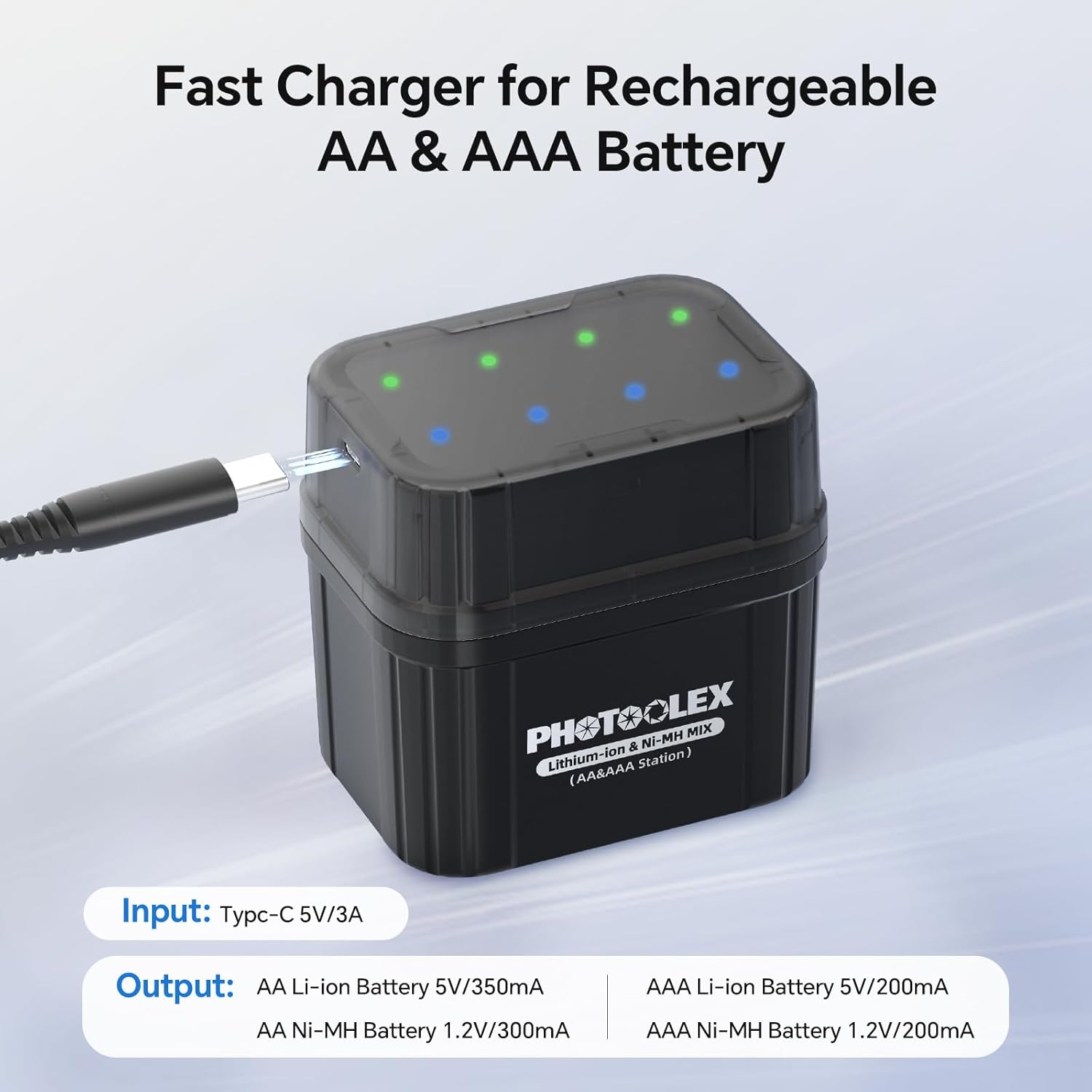 PHOTOOLEX AA/AAA Akku-Ladegerät für NiMH- und Lithium-Akkus, wiederaufladbares Akku-Hybrid-Ladegerät mit intelligenter LED-Anzeige, 4 AA- und 4 AAA-Ladeschächten und Schnellladefunktion – Bild 2