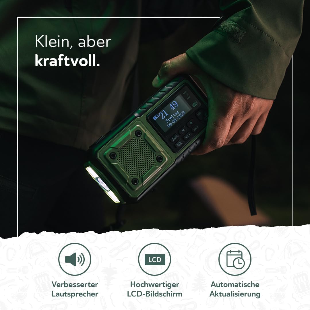 Acta Berg Kurbelradio DAB+/FM, Notfallradio, 5000 mAh Akku (Armeegrün) | Mit USB, Batteriebetrieb möglich, Notfallausrüstung für Stromausfall, integrierte Taschenlampe, Ladegerät für Mobiltelefon, Wecker – Bild 3