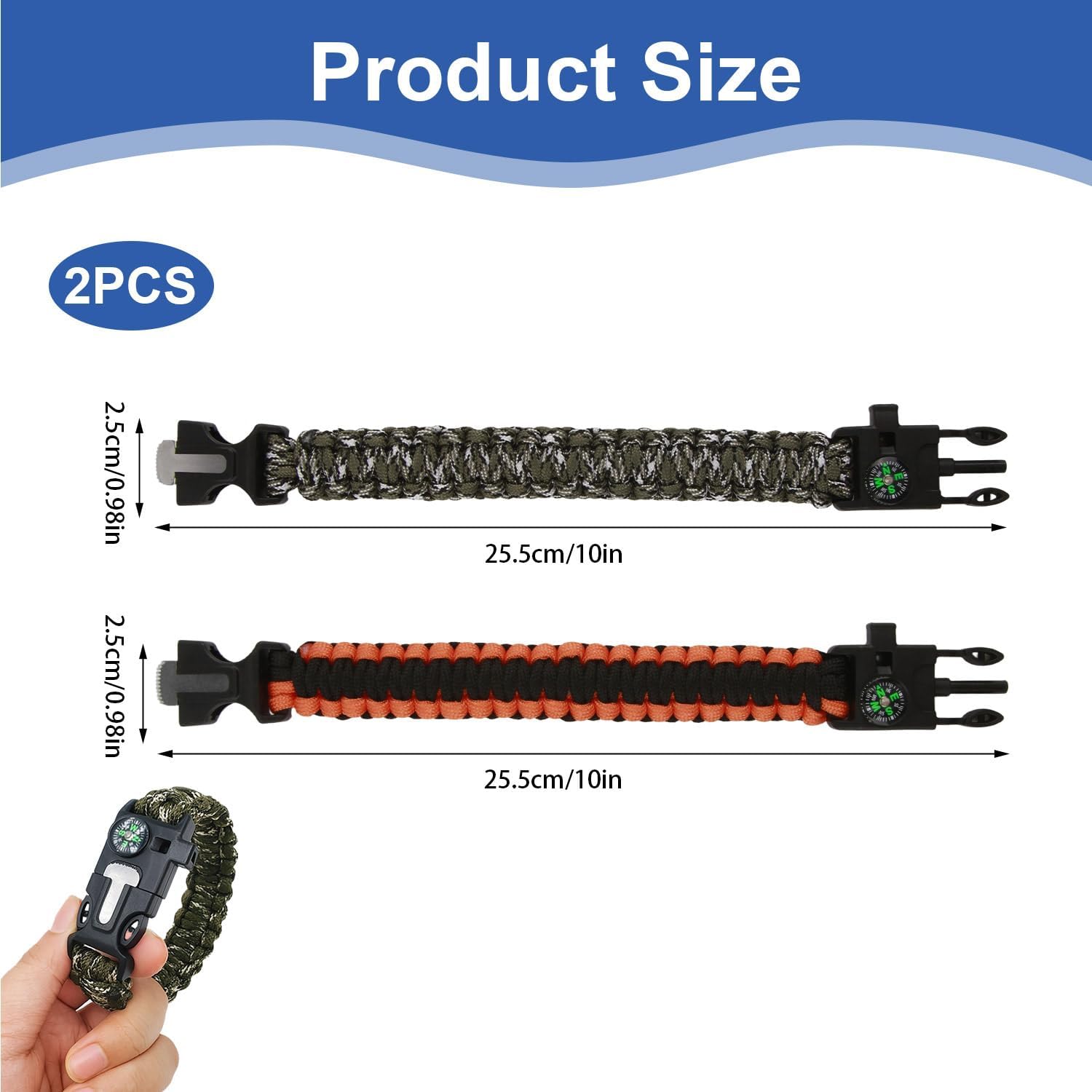Survival-Armband mit Kompass und Feuerstarter, 3,6 m Regenschirmseil für den Außenbereich | Notfallmesser, Pfeife, Paracord-Ausrüstung, für Wandern, Camping und Expeditionen, komplettes Survival-Set – Bild 2