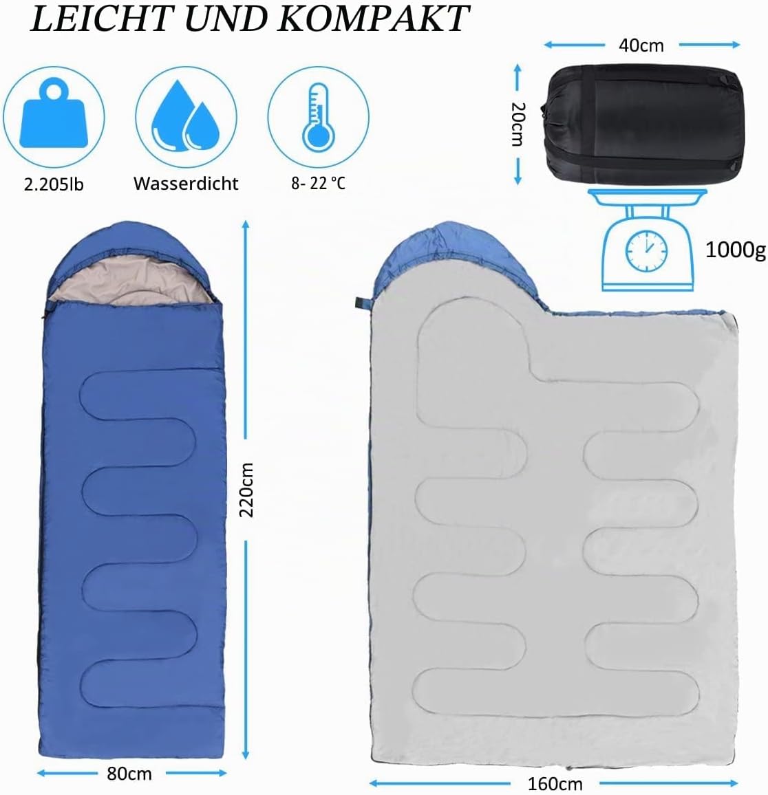 Outdoor-Schlafsack für Camping, 3-Jahreszeiten-Schlafsack für Erwachsene, 2-in-1-Funktions-Deckenschlafsäcke, warm, leicht, wasserdicht für Rucksackreisen, Wandern und Reisen – Bild 2