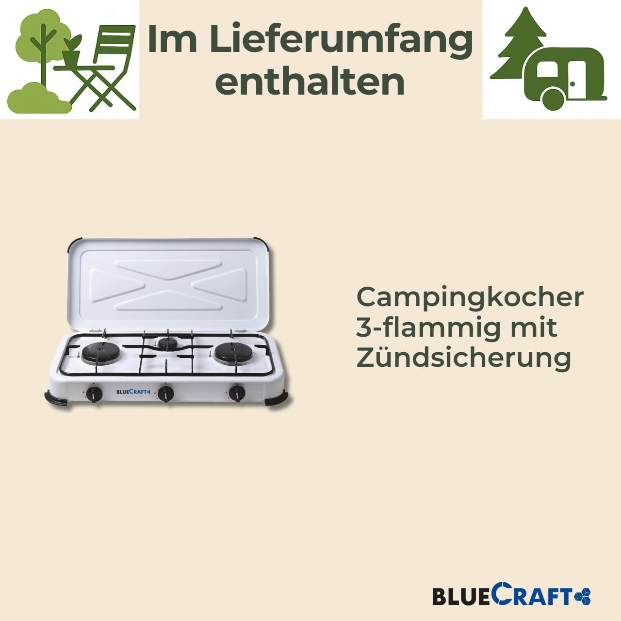 Bluecraft Gaskocher, 3 Brenner, 5,25 kW, Zündung, Sicherheits-Campingkocher | Gaskocher für Gasflaschen, Dreifachkocher für Camping, Outdoor-Küche, Garten, Freizeit, Wohnmobil, Wohnwagen & Boot – Bild 6