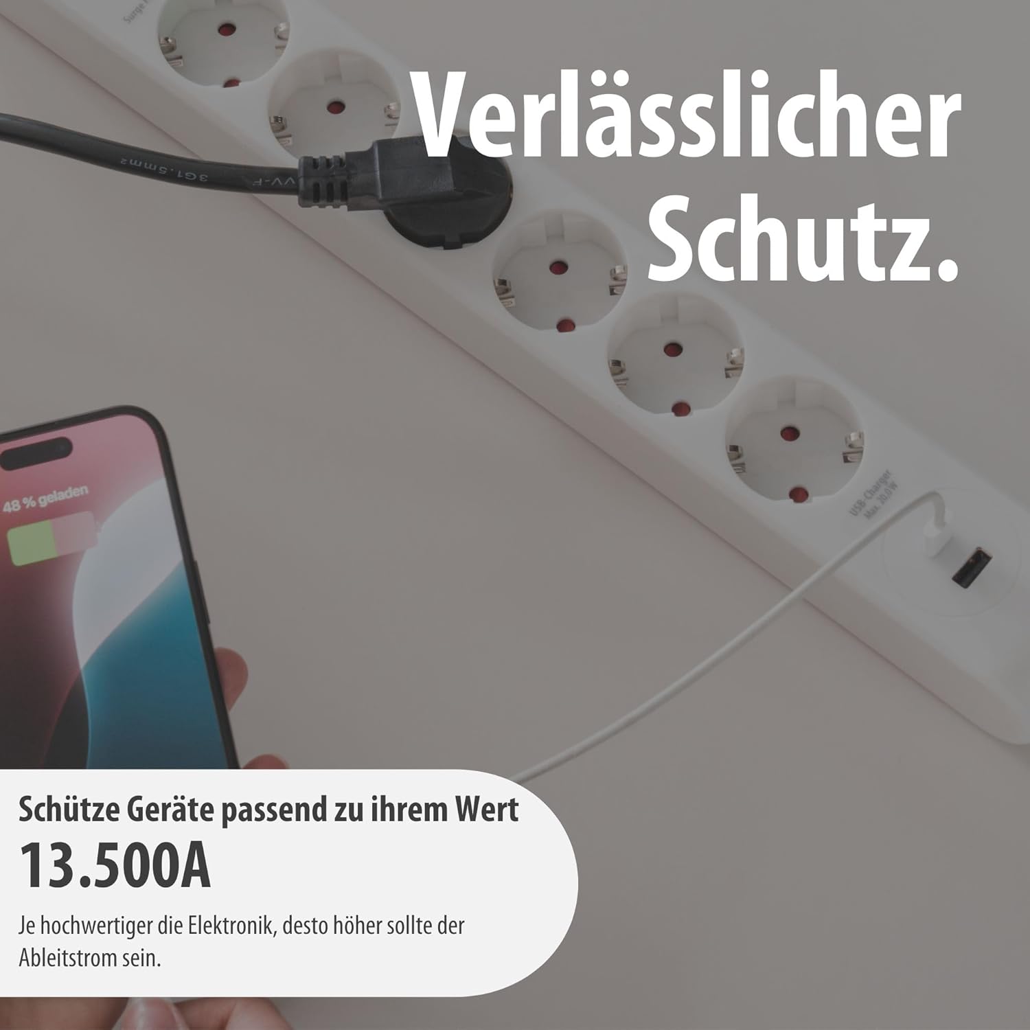 Brennenstuhl 6-fach Steckdosenleiste mit USB und Überspannungsschutz | Mehrfachsteckdose mit 1 x USB C PD 20 W zum Schnellladen und 1 x USB A 20 W, Schalter, 2 m Kabel, weiß – Bild 5