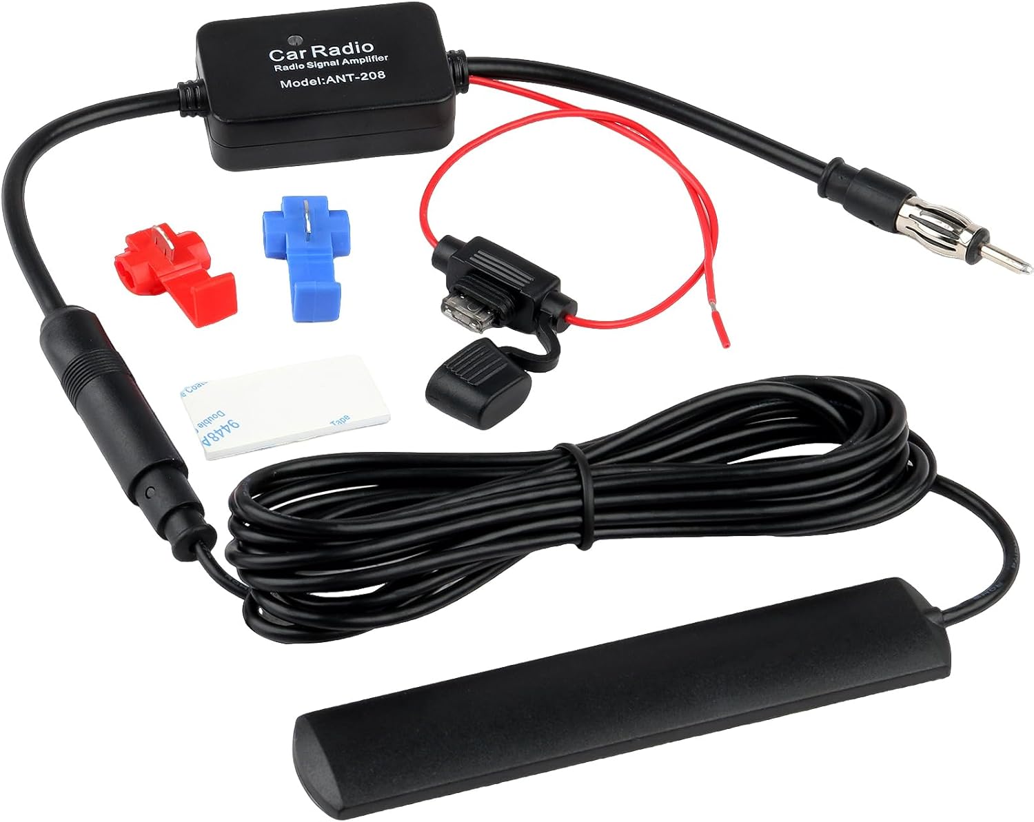 Antennenverstärker Autoradio FM AM 12V Universal, Autoradio Antennenverstärker, Signalverstärker Auto mit DIN-Adapter, 25 dB High Gain, Scheibenantenne für Auto, LKW, SUV, Boot, 3 Meter Kabel