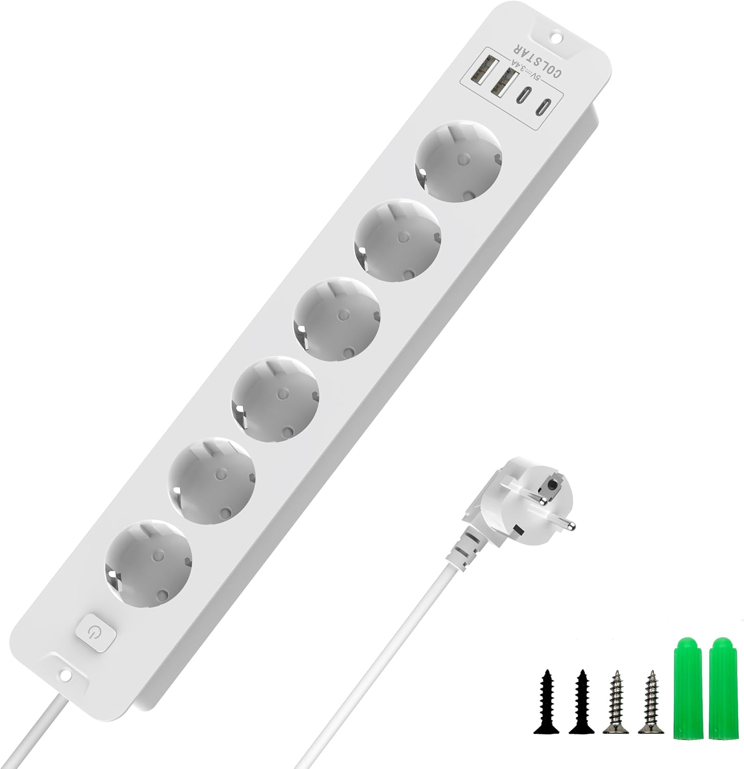 Ausziehbare Steckdosenleiste 6-fach mit 4 USB (2 USB-C, 2 USB-A), 16 A, 2 m Kabel, Energiesparschalter – unsichtbare Steckdose für einen sauberen Schreibtisch