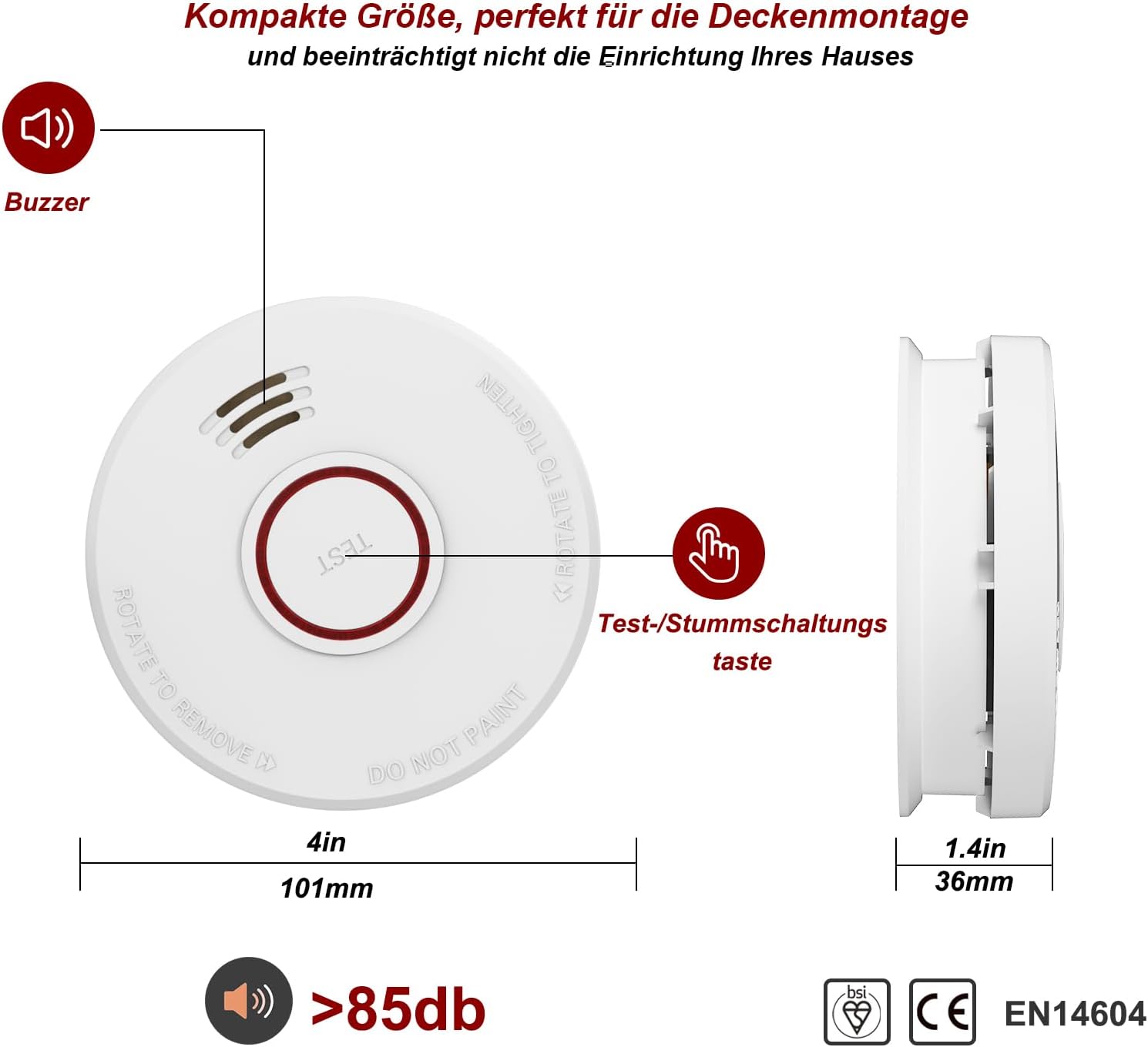 Rauchmelder Feuermelder, austauschbare 9V-Batterie für Rauchmelder, DIN EN14604 & BSI-zertifiziert, 4 Stück – Bild 7