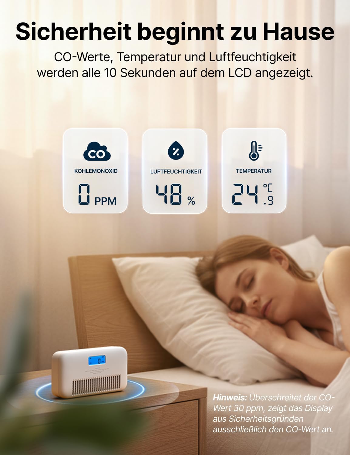 X-Sense WLAN-Kohlenmonoxidmelder mit Sprachalarm, Temperatur- & Feuchtigkeitsanzeige, CO Melder mit austauschbarer Batterie, digitalem Display und CO-Spitzenwert-Verlauf, XC0M-iR, 1 Stück – Bild 4