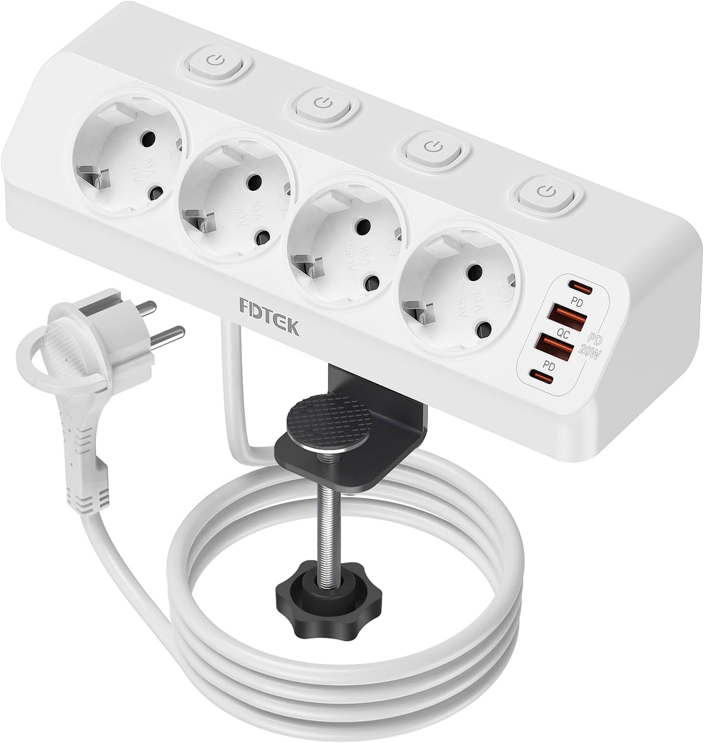 PD 20W Tischsteckdose mit USB C, 4-fach Ecksteckdosenleiste, Schreibtisch mit einzeln schaltbar, FDTEK Ecksteckdose 4000W 16A, Mehrfachsteckdose, Flachstecker, Überspannungsschutz, 2m für Küche, Büro