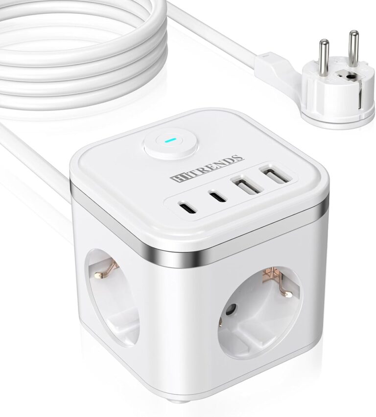Steckdosenwürfel mit USB, 3-fach Mehrfachsteckdose mit Schalter, Steckdosenleiste mit 2U2C, 7-in-1-Steckdosenverteiler mit 2 m Kabel, Flachstecker-Mehrfachsteckdose für Büro, Reisen, Weiß