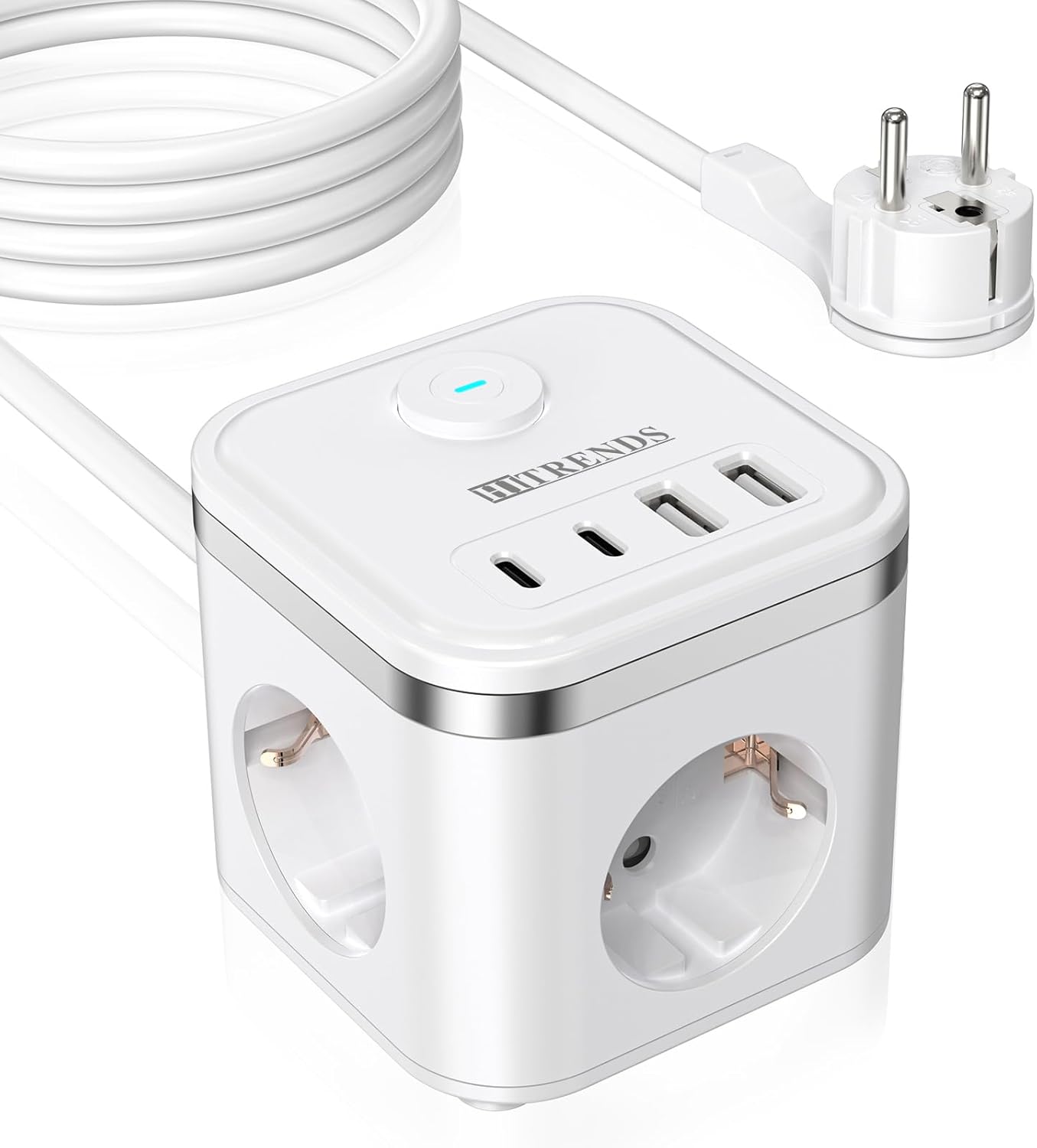Steckdosenwürfel mit USB, 3-fach Mehrfachsteckdose mit Schalter, Steckdosenleiste mit 2U2C, 7-in-1-Steckdosenverteiler mit 2 m Kabel, Flachstecker-Mehrfachsteckdose für Büro, Reisen, Weiß