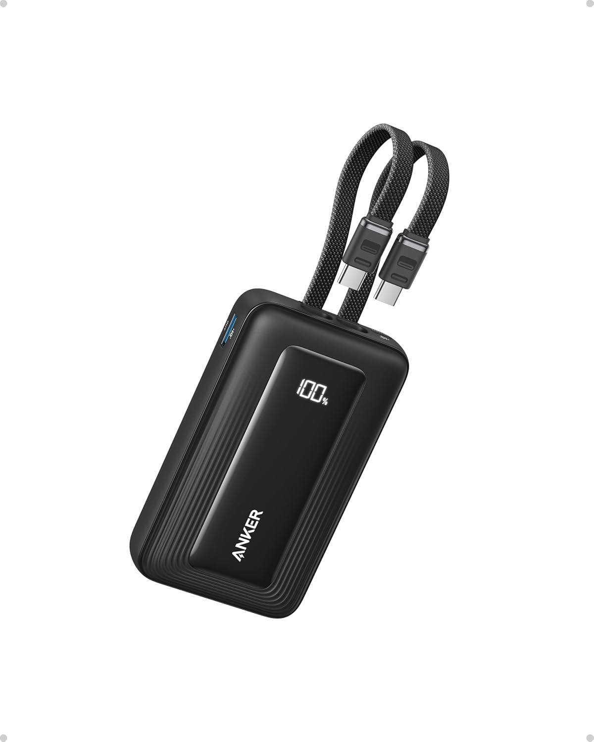 Anker Zolo Powerbank (Upgrade 2025), 45 W Schnellladung, 20000 mAh Akku, zwei integrierte USB-C-Kabel, 1 USB-C- und 1 USB-A-Anschluss, für iPhone 17/16-Serie, Galaxy, MacBook und mehr