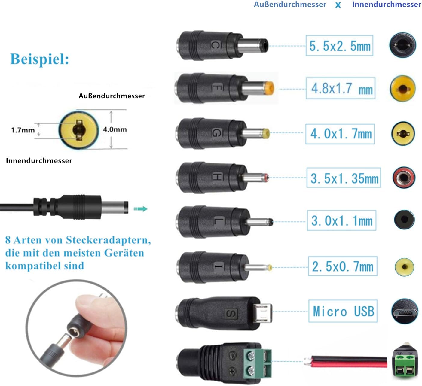 AC-Adapter 12 V 2 A Netzteil AC 220 V auf DC12 V 500 mA 1000 mA 1500 mA 2000 mA Leistungstreiber 5,5 mm mit 8 DC-Steckeradaptern Wechselrichter Ladegerät Transformator AC-DC-Adapter (DC12V~2A) – Bild 2