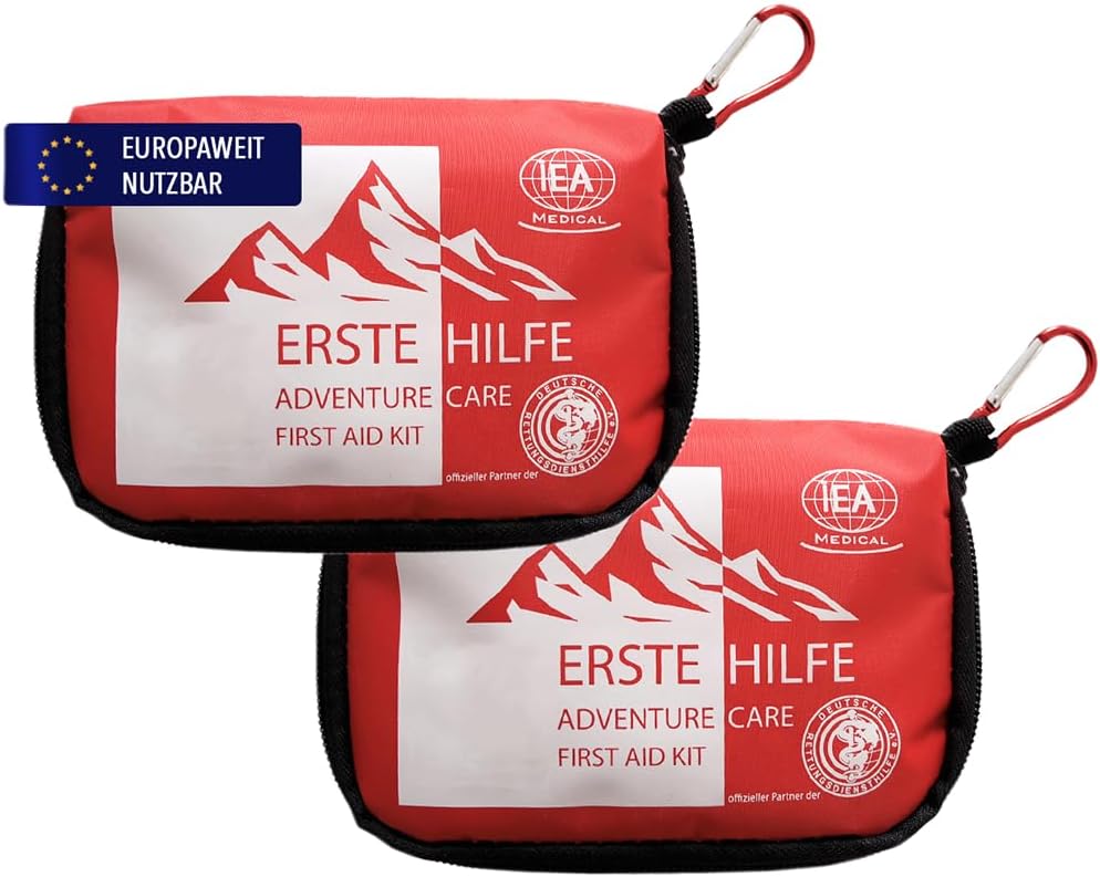 IEA Medical Outdoor Erste-Hilfe-Set – Kompaktes Reise-Apotheken-Wander-/Camping-/Fahrrad-Notfallset mit Pflaster, Kompressen, Schere, Pinzette, Zeckenpinzette & Karabiner | Kompakte, leichte Reiseapotheke mit Pflaster, Kompressen, Schere, Pinzette, Zeckenzange & Karabiner – ideal für unterwegs