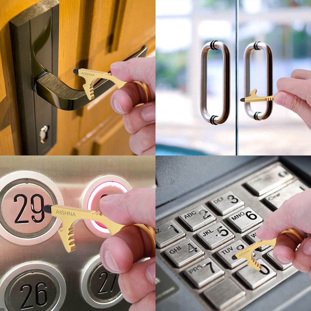 Berührungsloser Türöffner, 4er-Pack Multitool-Schlüsselanhänger mit Flaschenöffner, Stylus-Pad und Schlüsselanhänger, kontaktloses Türgriff-Werkzeug, Metall und Zink – Bild 4