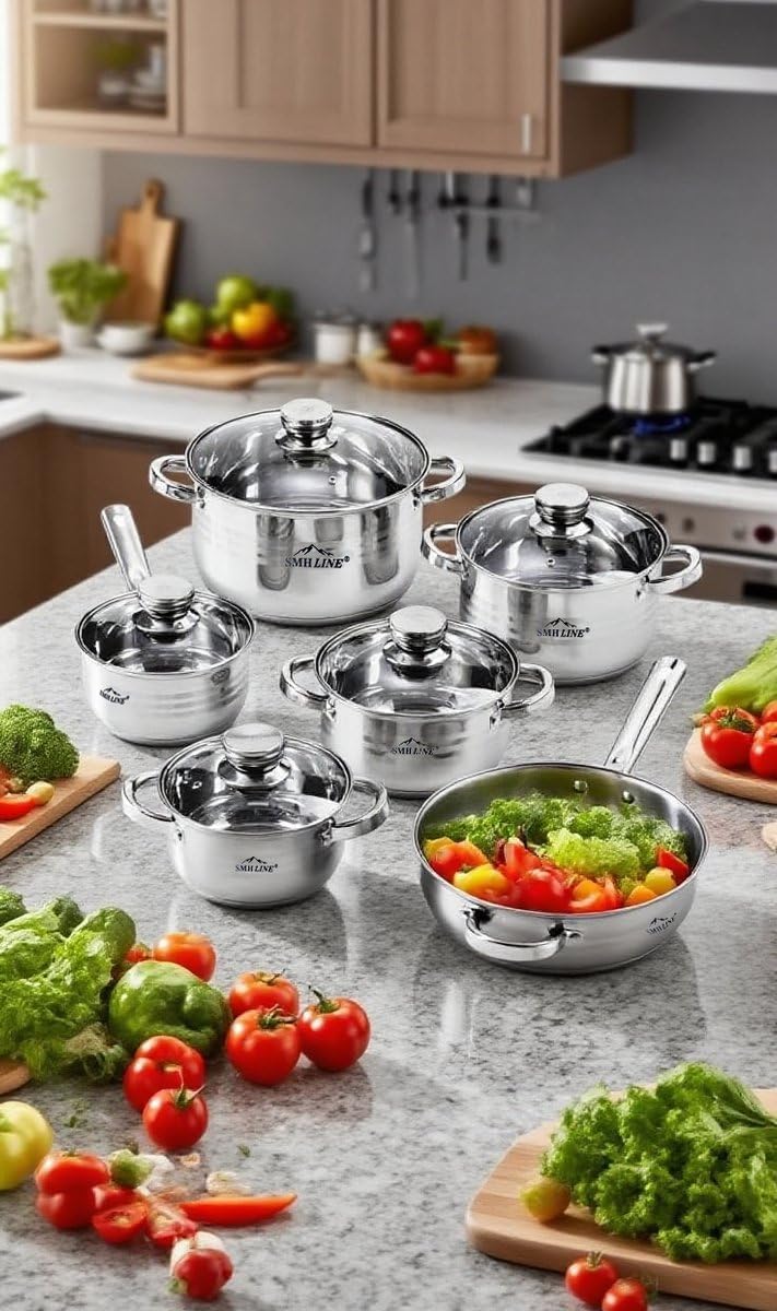 Smhline 12-teiliges Topfset, Kochtopf-Set, geeignet für Induktionsherde, Edelstahl-Kochgeschirr, Pfannenset, Glasdeckel, Küchensets, Bratpfanne – Bild 9