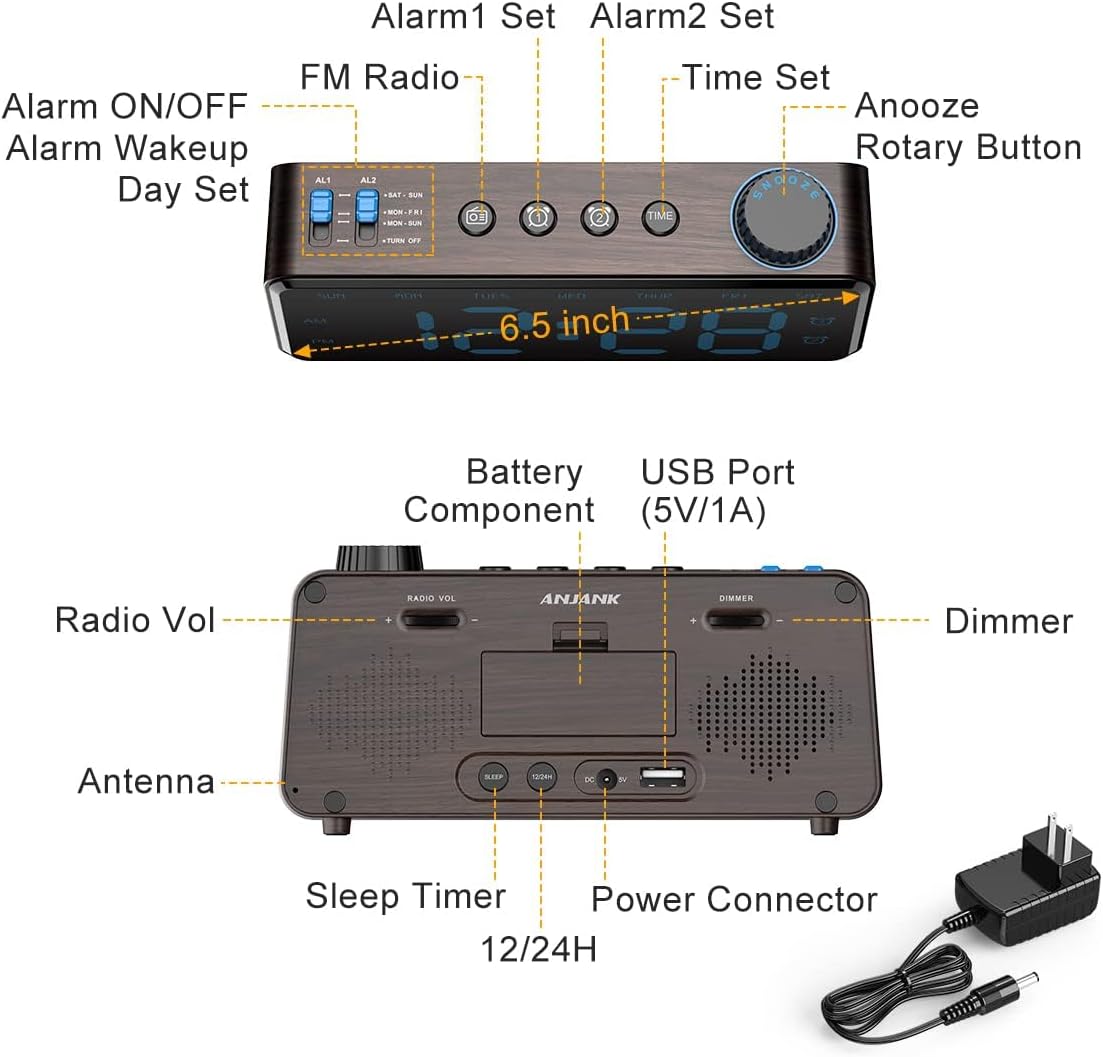 ANJANK Digitaler Radiowecker, 0–100 % dimmbar, Doppelwecker mit Wochentagen/Wochenende, USB-Ladegerät, einfache Einstellung, Netzbetrieb mit Batterie-Backup, großes Display, sehr gut lesbar in allen Räumen – Bild 7