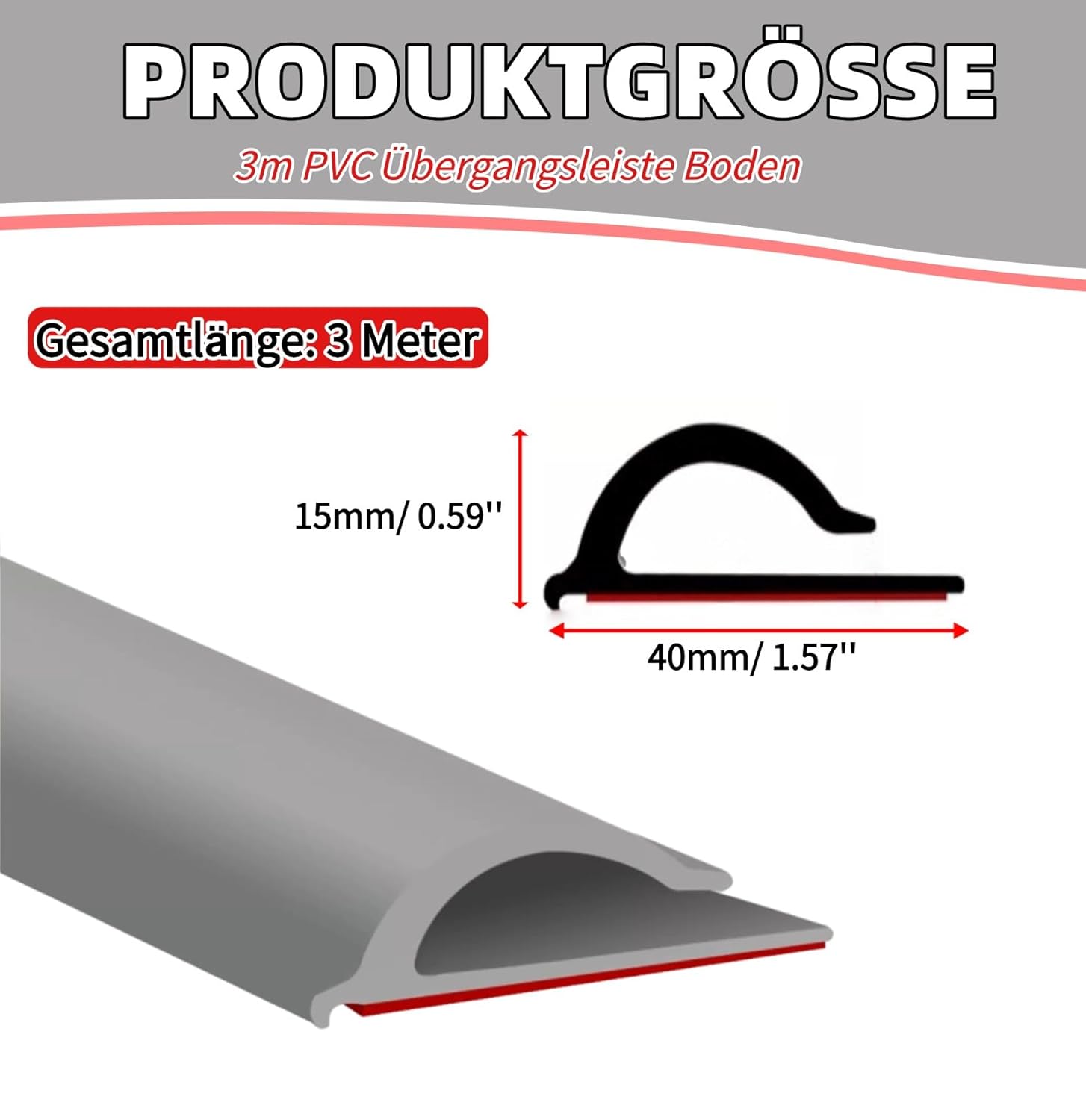 Selbstklebende Randleiste für Teppiche, 3m PVC Übergangsleiste Boden, Übergangsleiste von Teppich zu Holzboden, Selbstklebende Fußmatten Randleiste für Türkanten, Teppiche, Treppen (Grau) – Bild 2