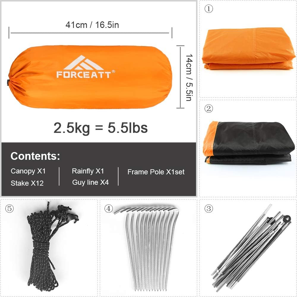 Forceatt Zelt 2–3 Personen Campingzelt, 2 Türen wasserdicht und winddicht, 3–4 Jahreszeiten, ultraleichtes Rucksackzelt für Trekking, Camping, Outdoor. – Bild 5