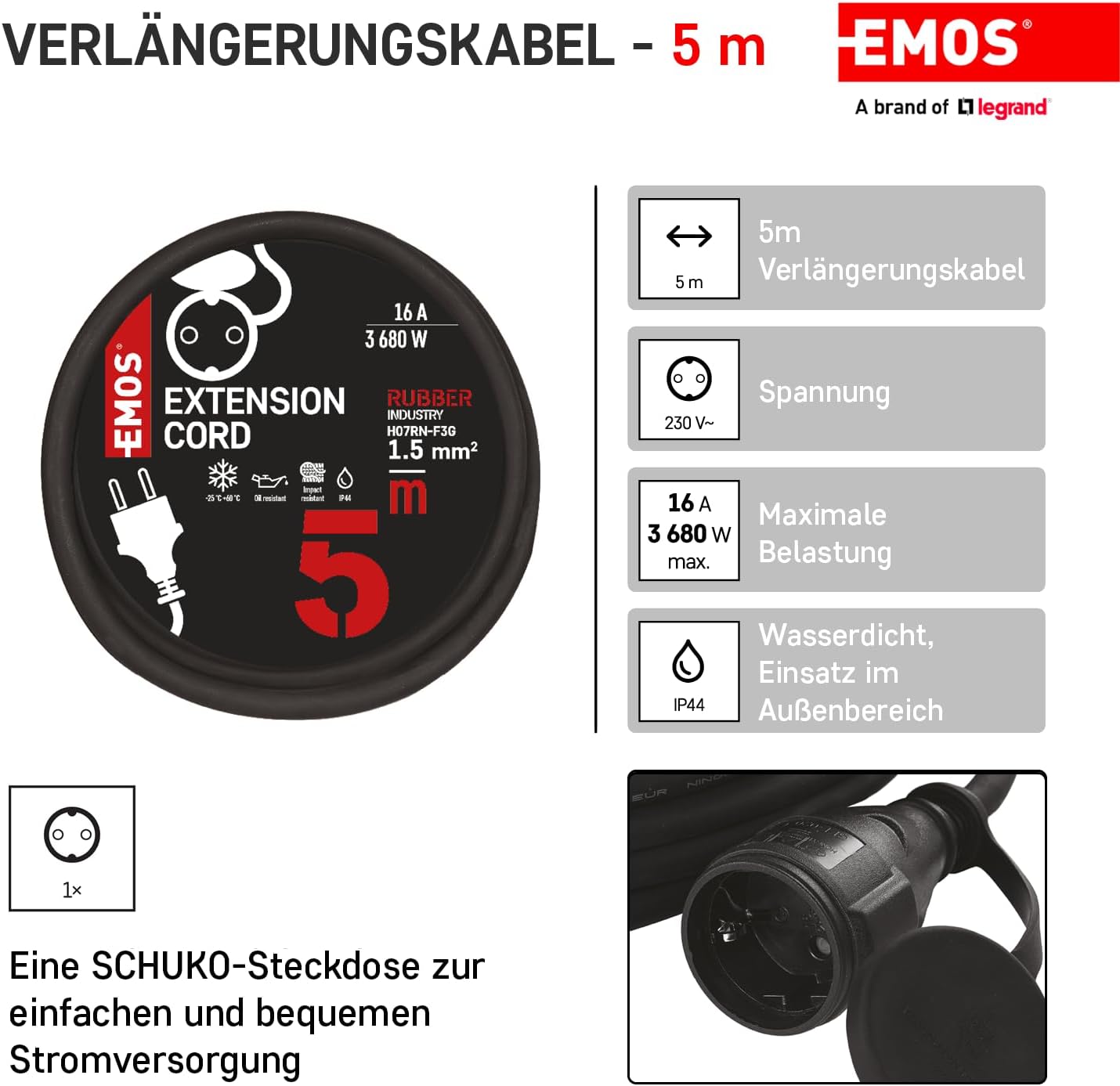 EMOS Verlängerungskabel 5 m Schuko, Gummi-Verlängerungskabel für den Außenbereich IP44, H07RN-F3G 1,5 mm2 – Bild 2