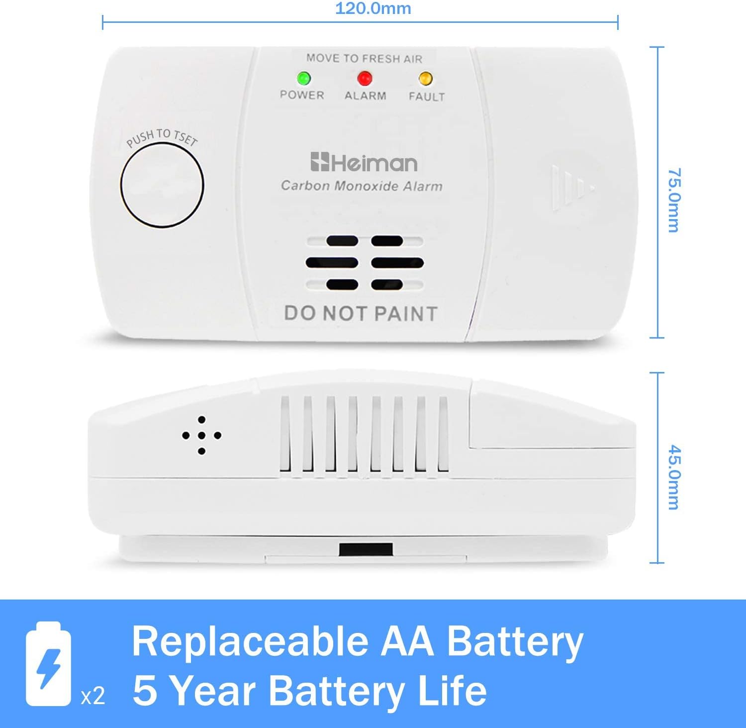 HEIMAN CO-Melder, Kohlenmonoxidmelder mit Batteriebetrieb, 85-dB-Alarm mit Testtaste und Selbsttest, EN 50291-zertifizierter CO-Alarm mit 10-Jahres-Sensor – Bild 2