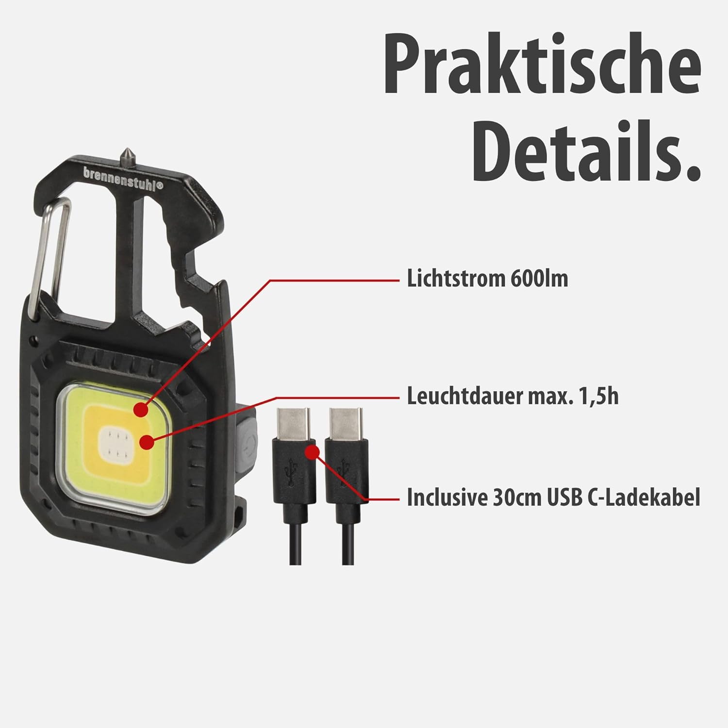 Brennenstuhl Mini-LED-Taschenlampe MTL 600 A (Akku-Werkstattlampe 600 lm, 7 Leuchtmodi, Schlüsselanhänger, Flaschenöffner, Bits und Schraubenschlüssel für Alltag, Notfall oder Camping) – Bild 3