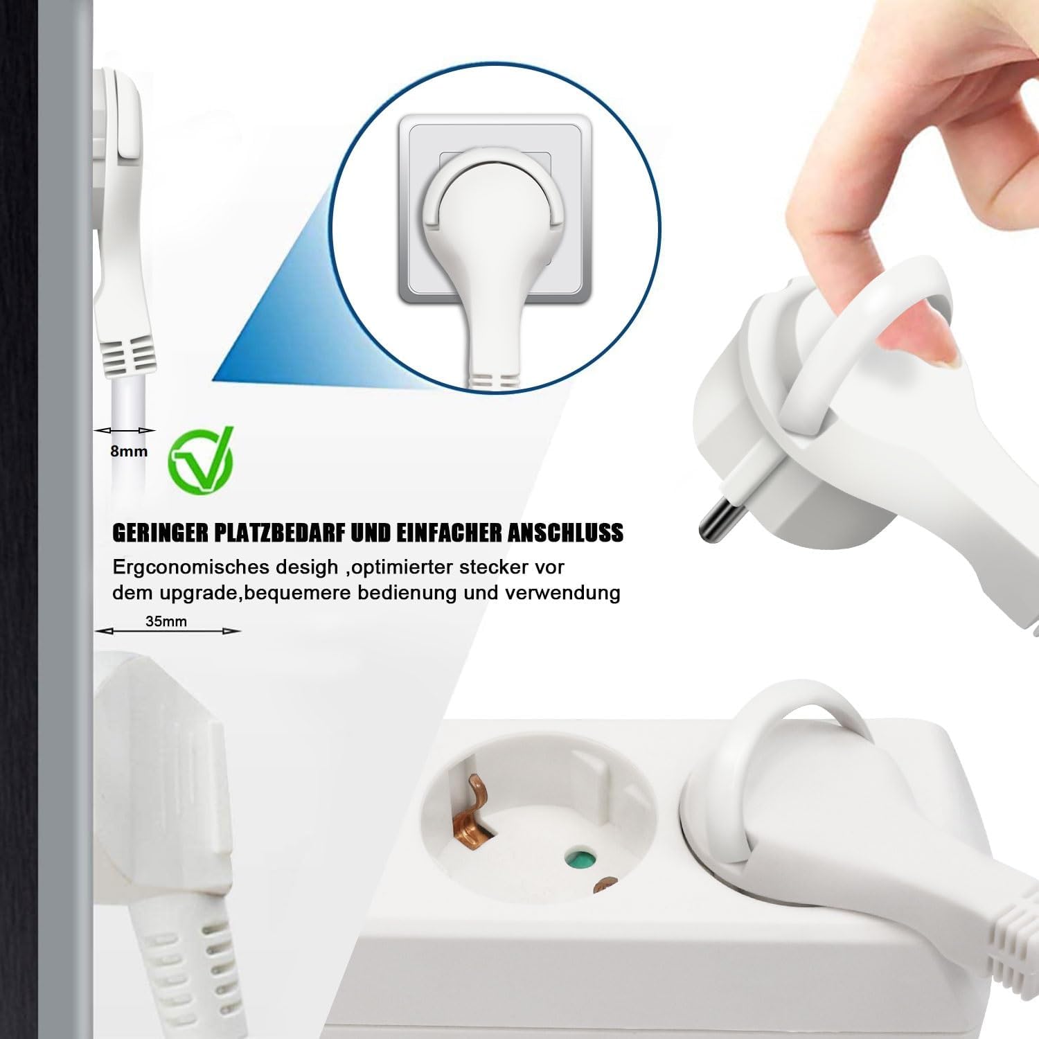 EXTRASTAR Flachstecker Mehrfachsteckdose 3-fach Steckdosenleiste Flachstecker mit Druckknopfschalter 1,5 m Kabel für Büro und Zuhause Weiß + Grau – Bild 3