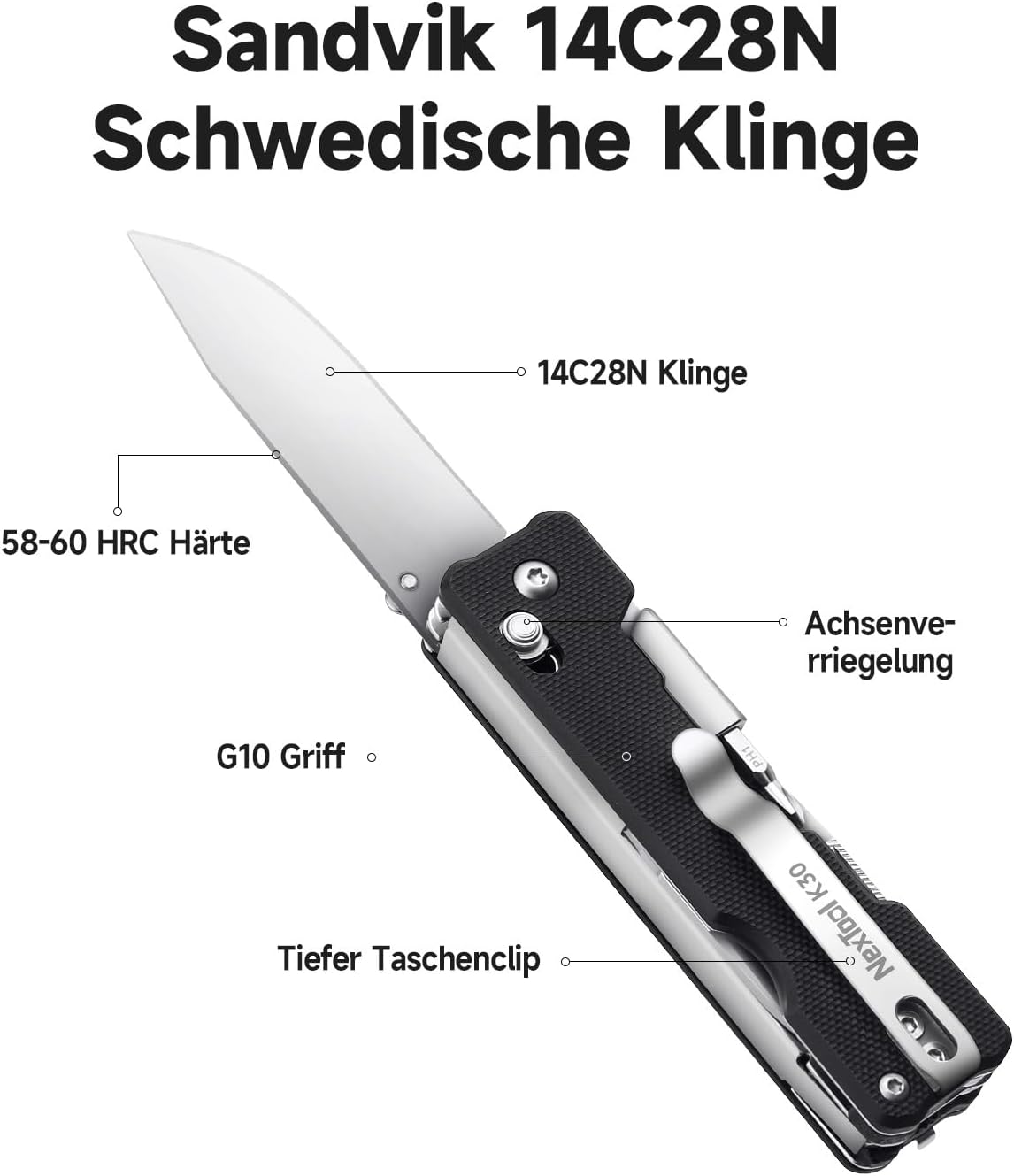 NexTool Knight K30 11-in-1-Klappmesser mit Verriegelung, EDC-Multifunktionswerkzeug mit 14C28N-Stahlklinge und G10-Griff, geriffelte Schere für den täglichen Gebrauch, Camping und Wandern – Bild 2