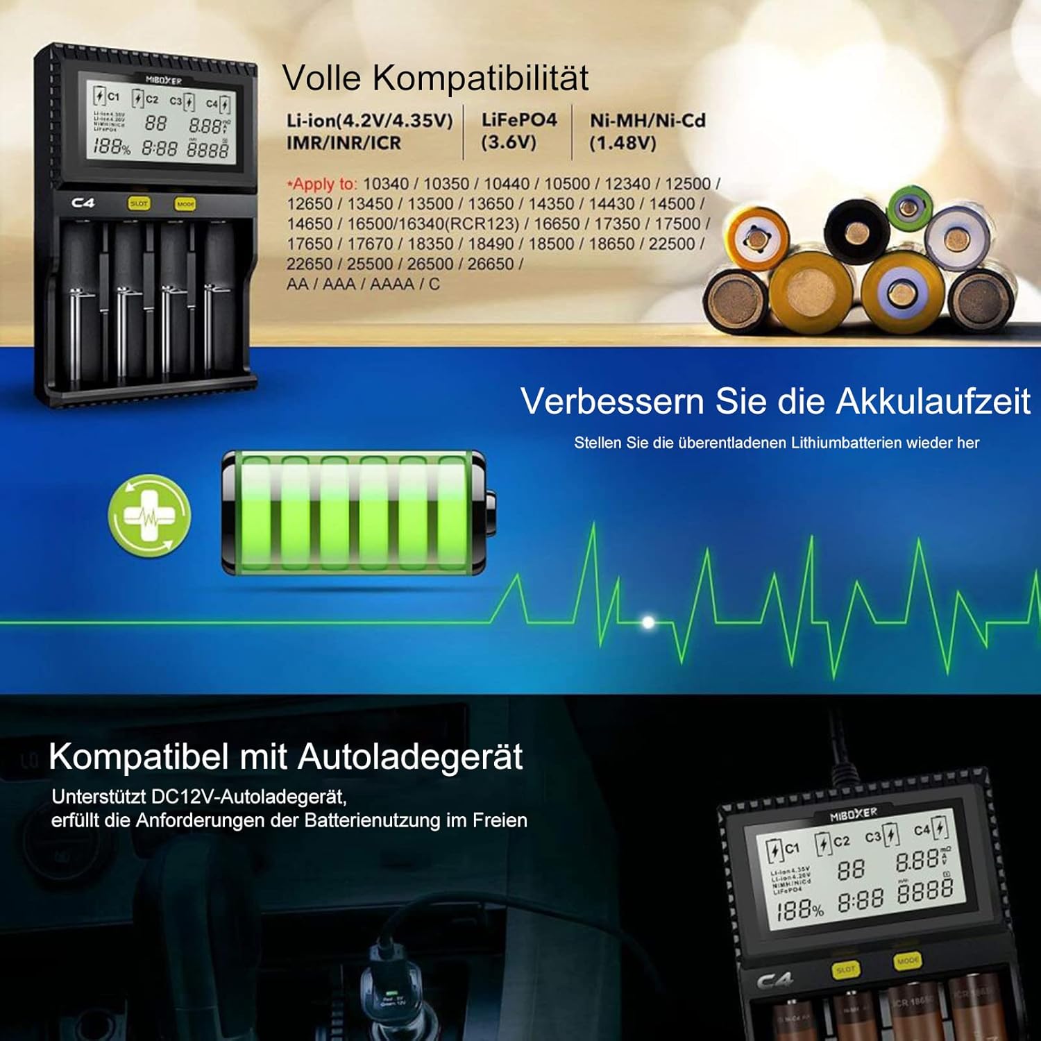Universal-Akkuladegerät, 18650 Akkuladegerät mit 4 Steckplätzen, LCD-Display Akkus Ladegerät für Li-Ion LiFePO4 NI-MH NI-Cd AA AAA C 18350 18500 18700 20700 21700 26650 RCR123 – Bild 3