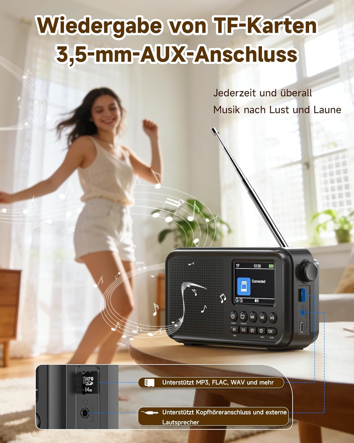 Roxicosly Tragbares DAB/DAB+-Radio, 80 Voreinstellungen, FM-Digitalradio mit 3000-mAh-Akku, Küchenradio mit Bluetooth 5.0, EQ-Modi, Sleep-Timer, Schlummerfunktion, TF/3,5-mm-AUX-Anschluss, Doppelalarm – Bild 5