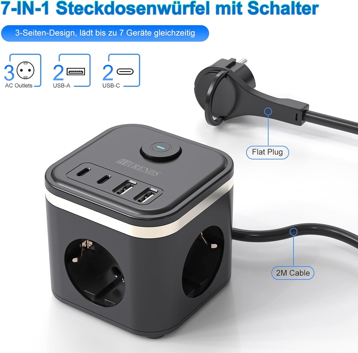 HITRENDS Steckdosenwürfel mit USB, USB-C-Steckdosenleiste, USB-C-Ladegerät, 3-Wege-Steckdose mit Schalter, tragbares PD-Ladegerät für MacBook, iPad, iPhone 16/15, Galaxy S25 Ultra, Zuhause, Büro, Reisen – Bild 2