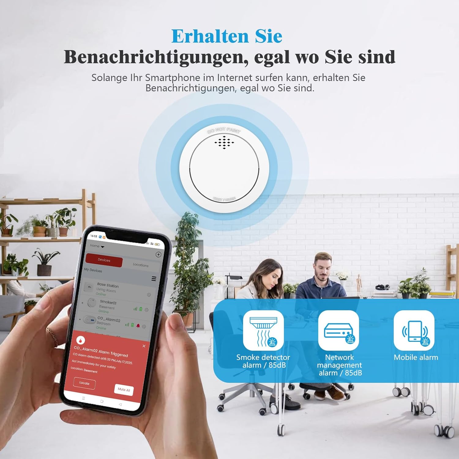 XINDUM 10 Jahre Rauchmelder mit Basisstation, Smarter Feuermelder TÜV-Rheinland zertifiziert nach EN 14604, Vernetzter Feuermelder mit wechselbarer Batterie, kein LED-Blinken, kompatibel mit App, 3er-Set – Bild 6
