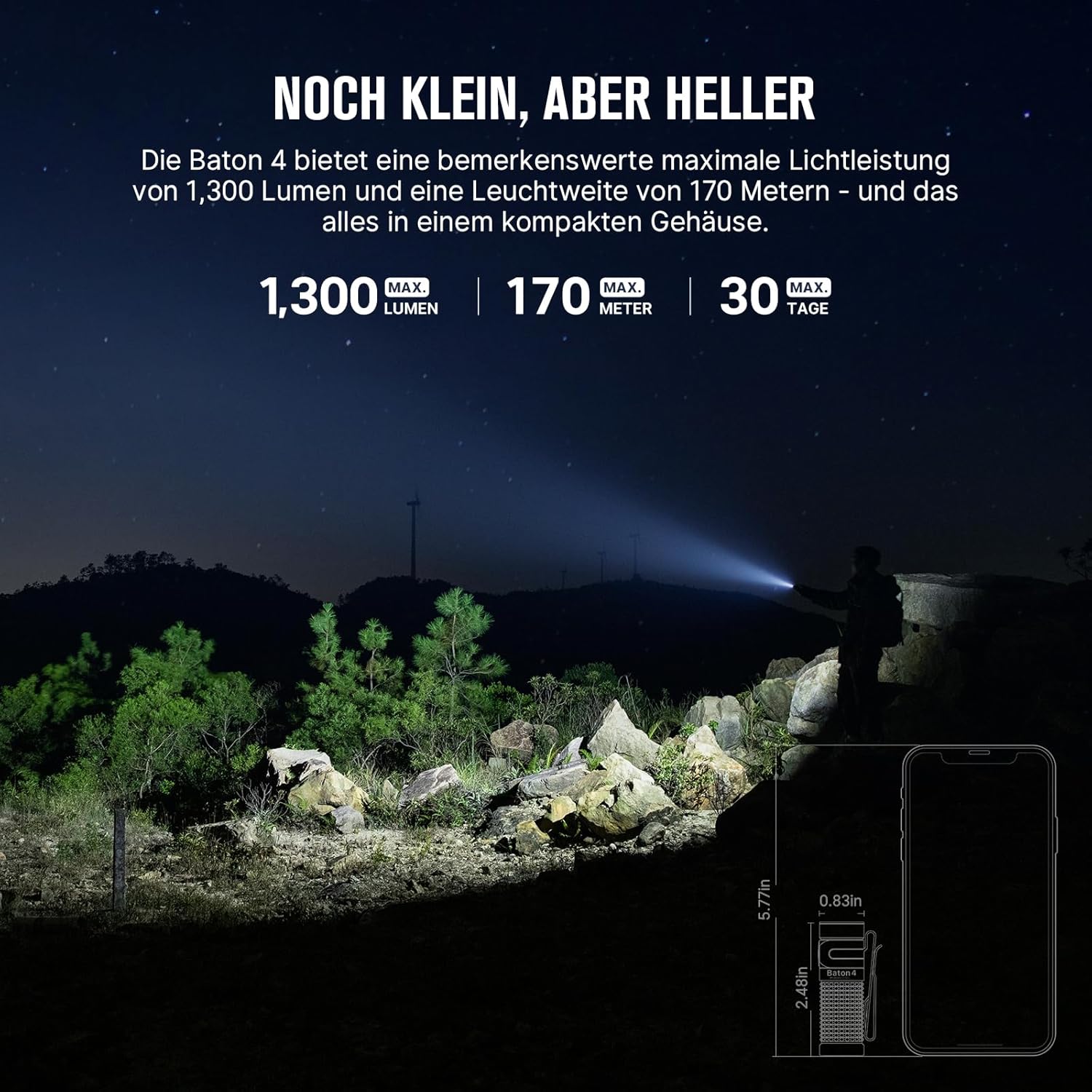OLIGHT Baton 4 Kit Mini-LED-Taschenlampe wiederaufladbar mit dimmbarem Ladeetui, Handlampe bis zu 190 Tage Laufzeit, 1300 lm, 170 m Leuchtweite, superhelle kleine Taschenlampe für den täglichen Gebrauch, IPX8 OD grün – Bild 3