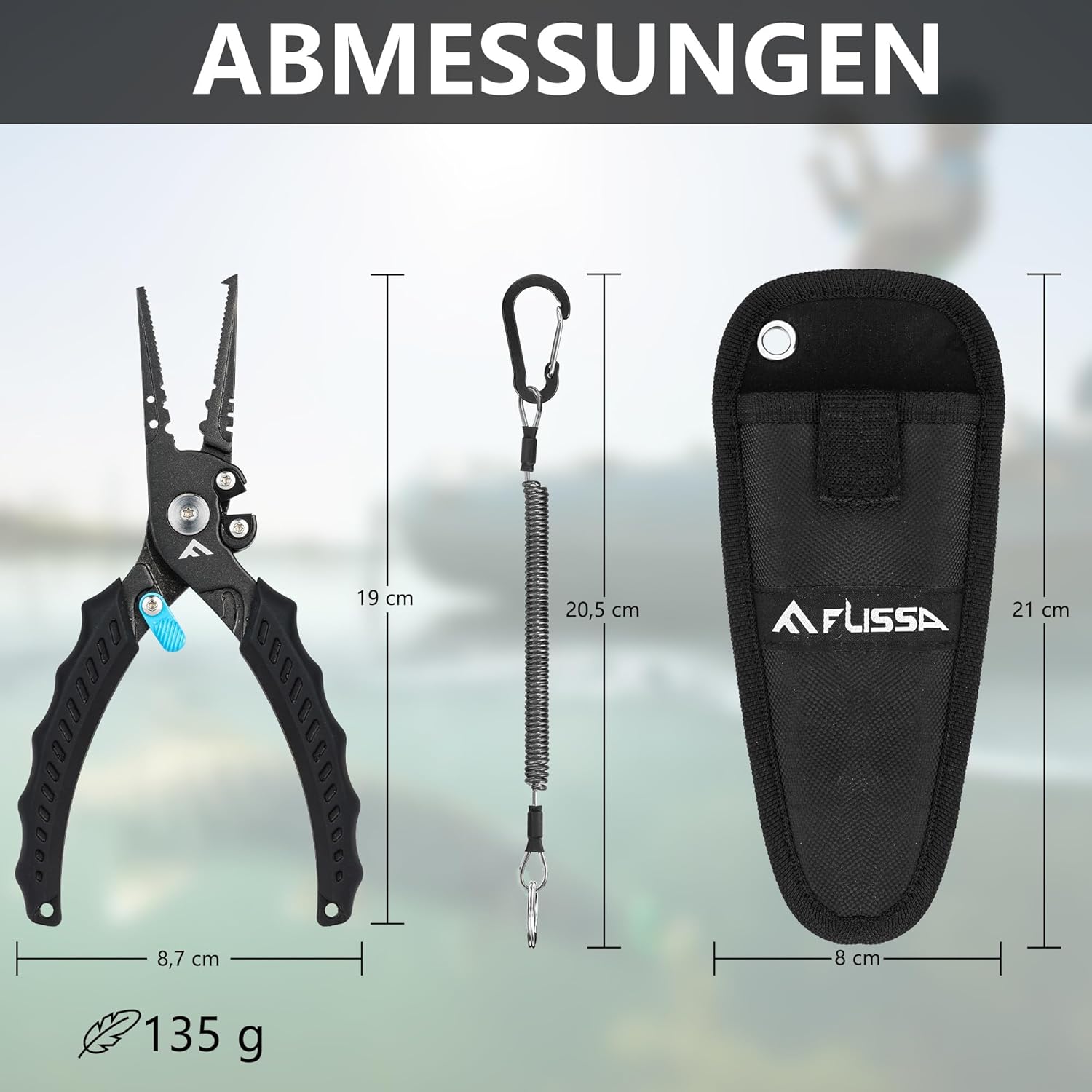 FLISSA Multifunktionale Angelzange, Multi-Angelzange mit Hakenlöser, Sicherheitsverriegelung, TPR-Griff, Edelstahlbacken, scharfe Schneidklingen mit Trageband und Tragetasche zum Angeln – Bild 8
