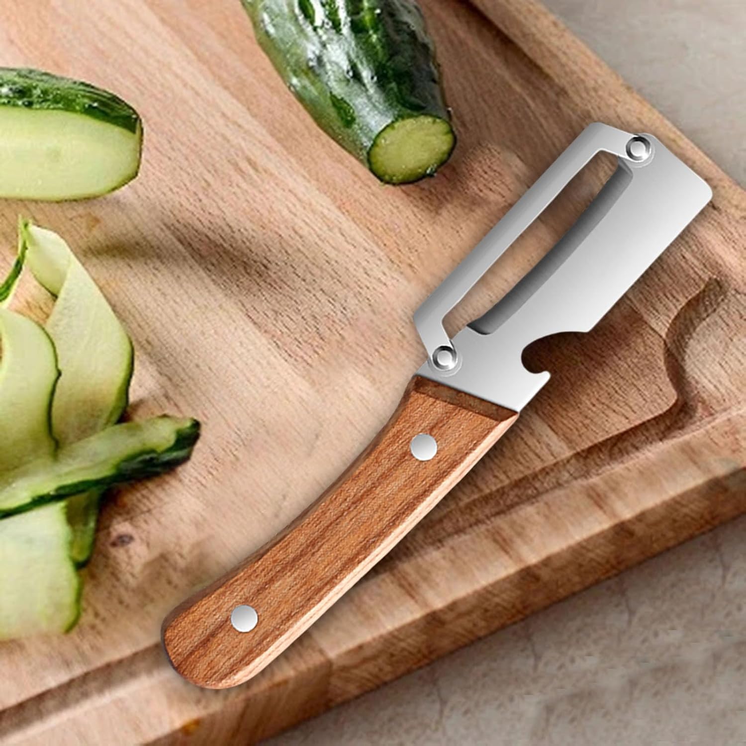 2 Stück Multifunktions-Gemüseschäler, Schäler mit Holzgriff aus Edelstahl, 3-in-1-Küchenschäler mit Julienne-Reibe und Flaschenöffner, ergonomisches Küchenwerkzeug (A 2 Stück) – Bild 4