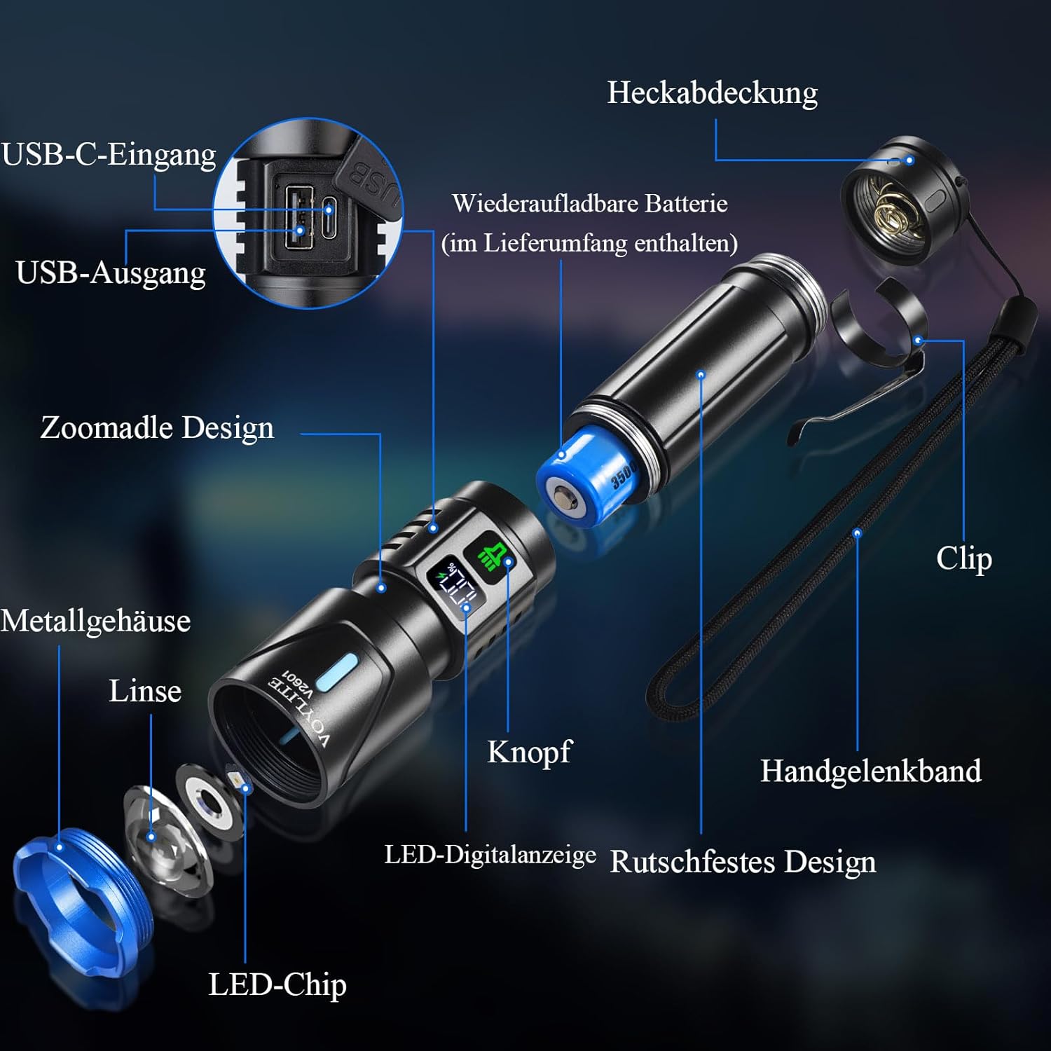 Taschenlampe LED wiederaufladbar, 2er-Pack, 1000.000 Lumen, extrem hell, bis zu 1500 m Reichweite, 3 Lichtmodi & zoombar, IPX7 wasserdicht, taktische LED-Taschenlampe für Camping/Outdoor/Wandern – Bild 5