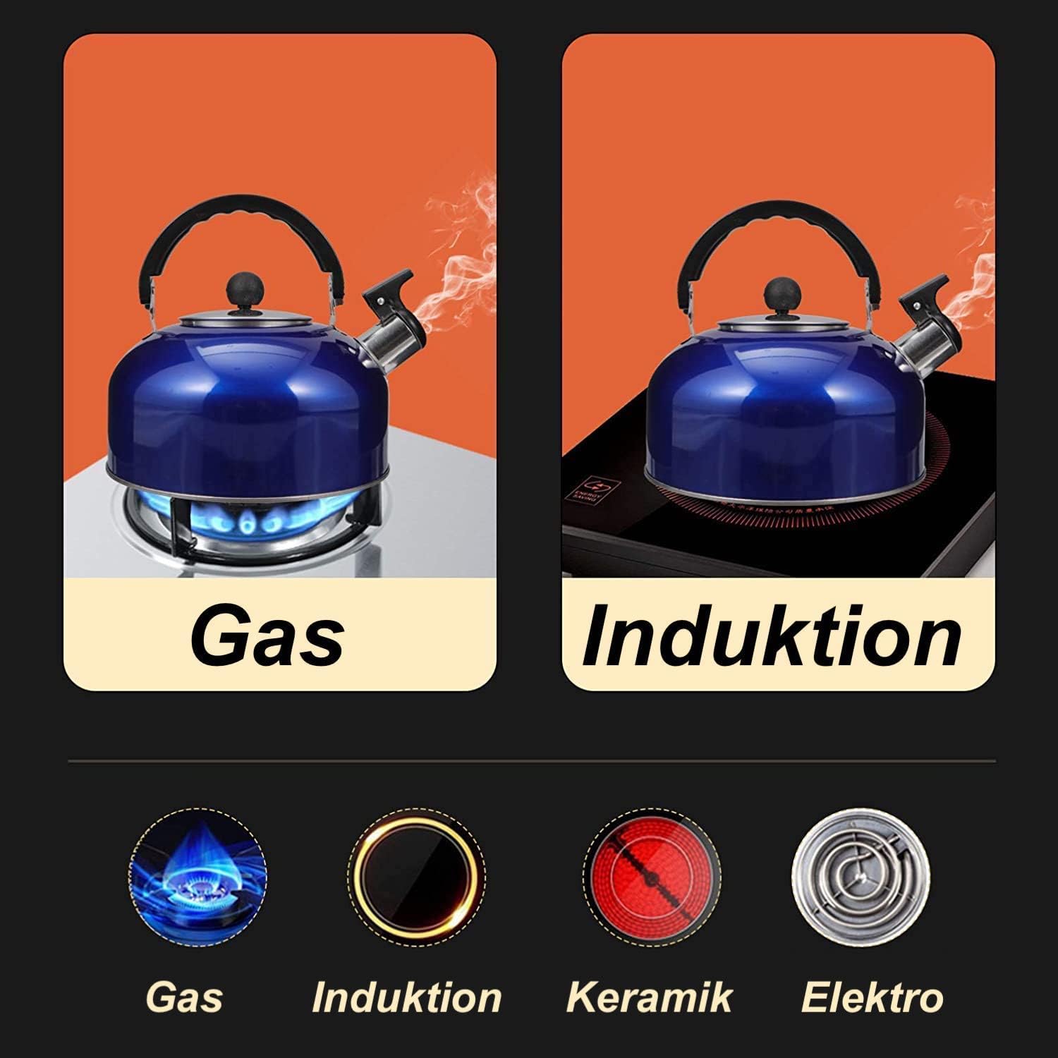 RHP Induktions-Edelstahl-Wasserkocher mit Pfeife (2,5 l) I Pfeifenkessel, Pfeifkessel, Teekessel – für alle Herdarten – Küche & Camping – hitzebeständiges & rutschfestes Design – für Tee, Kaffee (lila) – Bild 2