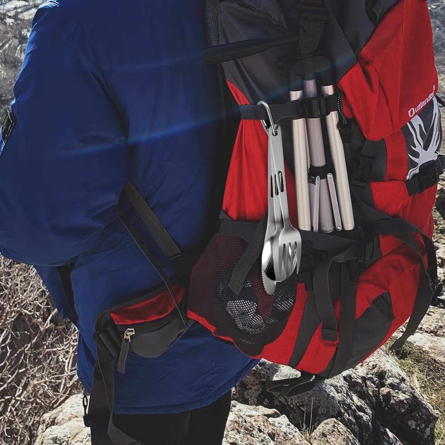 3er-Set Reisebesteck, Campingbesteck, Campingbesteckset aus Edelstahl, tragbares Outdoorbesteck mit Karabiner, Löffel, Gabel, Messerkombination und Tasche, wiederverwendbares Reisebesteckset – Bild 7
