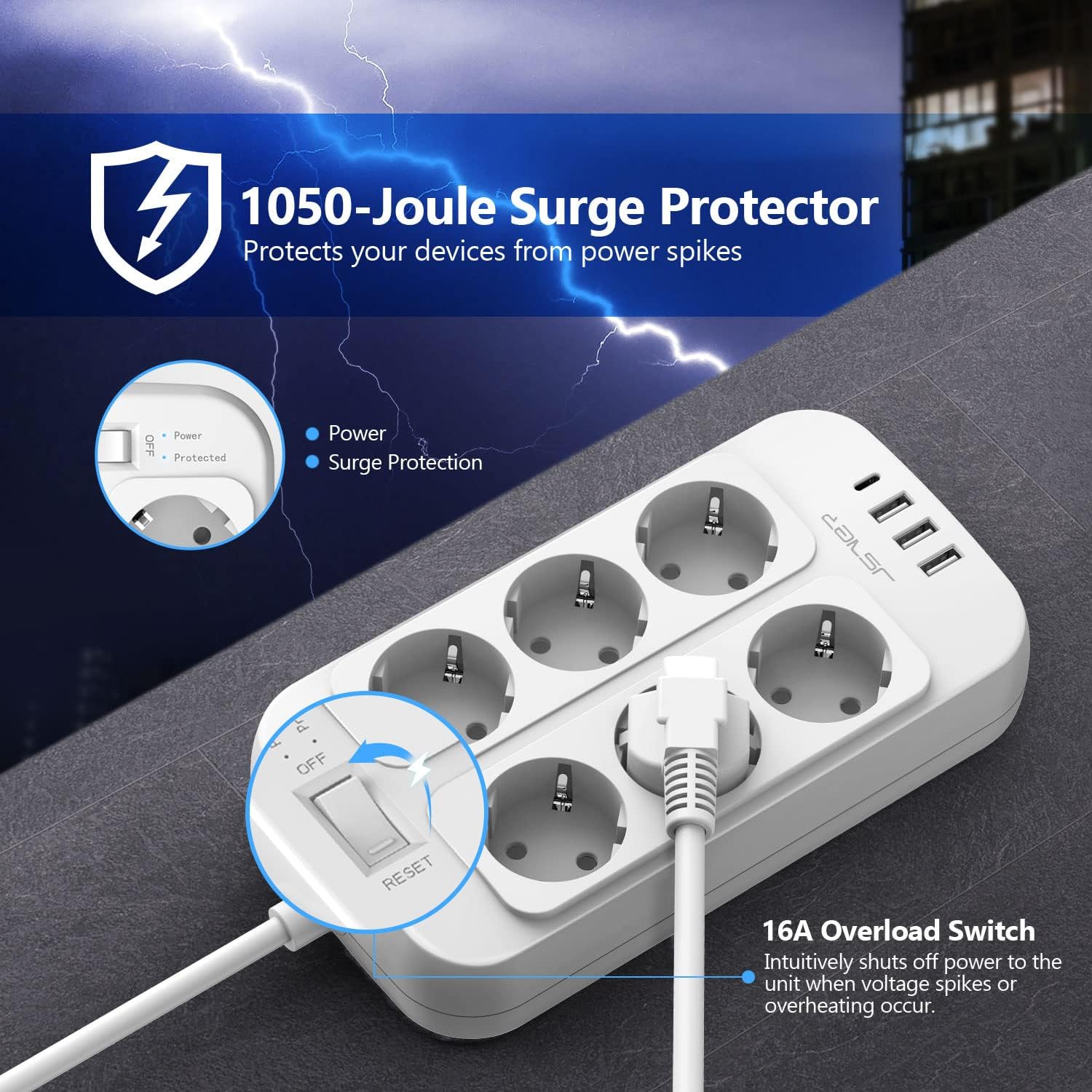 JSVER Steckdosenleiste 6 Fächer mit 4 USB-Ladeanschlüssen, Mehrfachsteckdose mit USB C, Wandmontage (3680 W), Überspannungsschutz mit 2 m Kabel, Verlängerungskabel für Smartphones, Laptop, Weiß – Bild 4