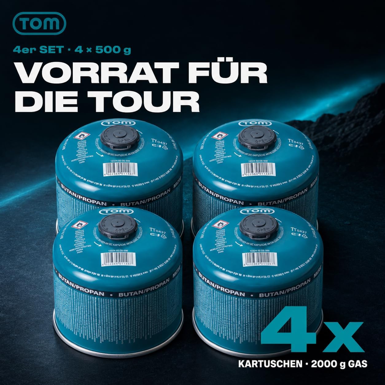 TOM Gaskartuschen 2 x 4 x 8 x oder 12 x 500 g Butan-Propan-Gas – Schraubkartuschen-Set – Kartuschen mit Sicherheitsschraubgewinde – Butangaskartusche ideal für Ihren Campingkocher (4 x 500 g) – Bild 2