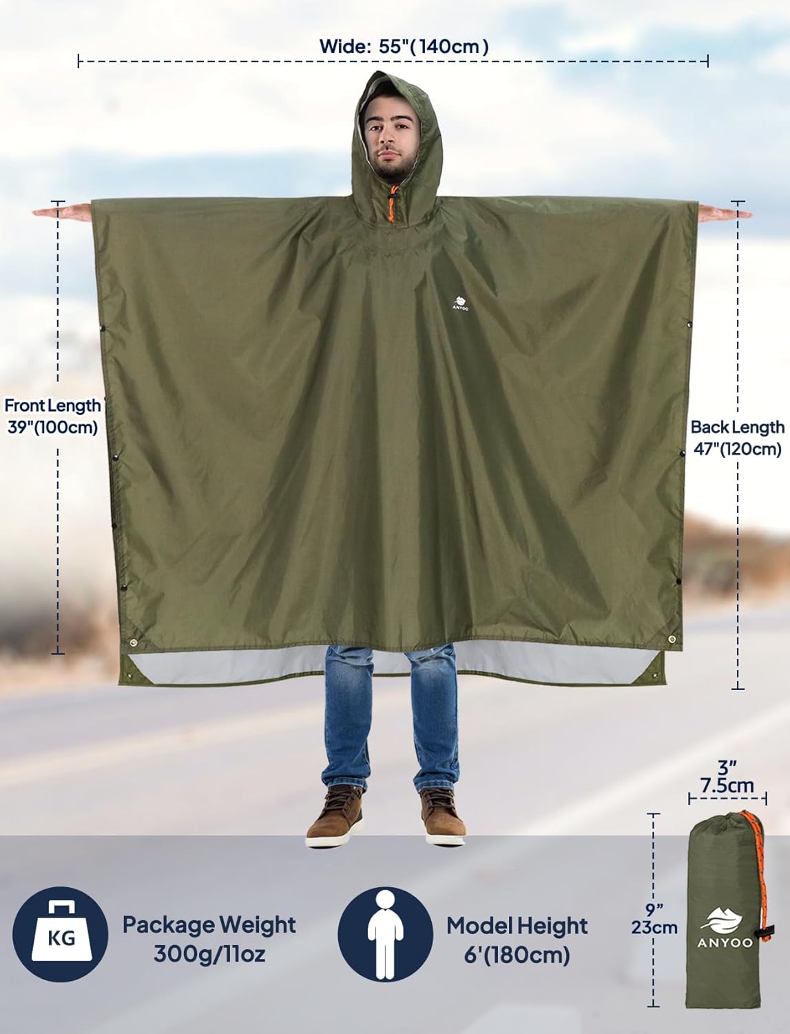 ANYOO Leichte, wasserdichte Regenjacke, wiederverwendbar, Ripstop, atmungsaktiv, Mehrzweck-Regenmantel mit Kapuze, faltbare Schutzdecke, Schutzplane, ideal für draußen, Camping, Wandern, Angeln – Bild 2