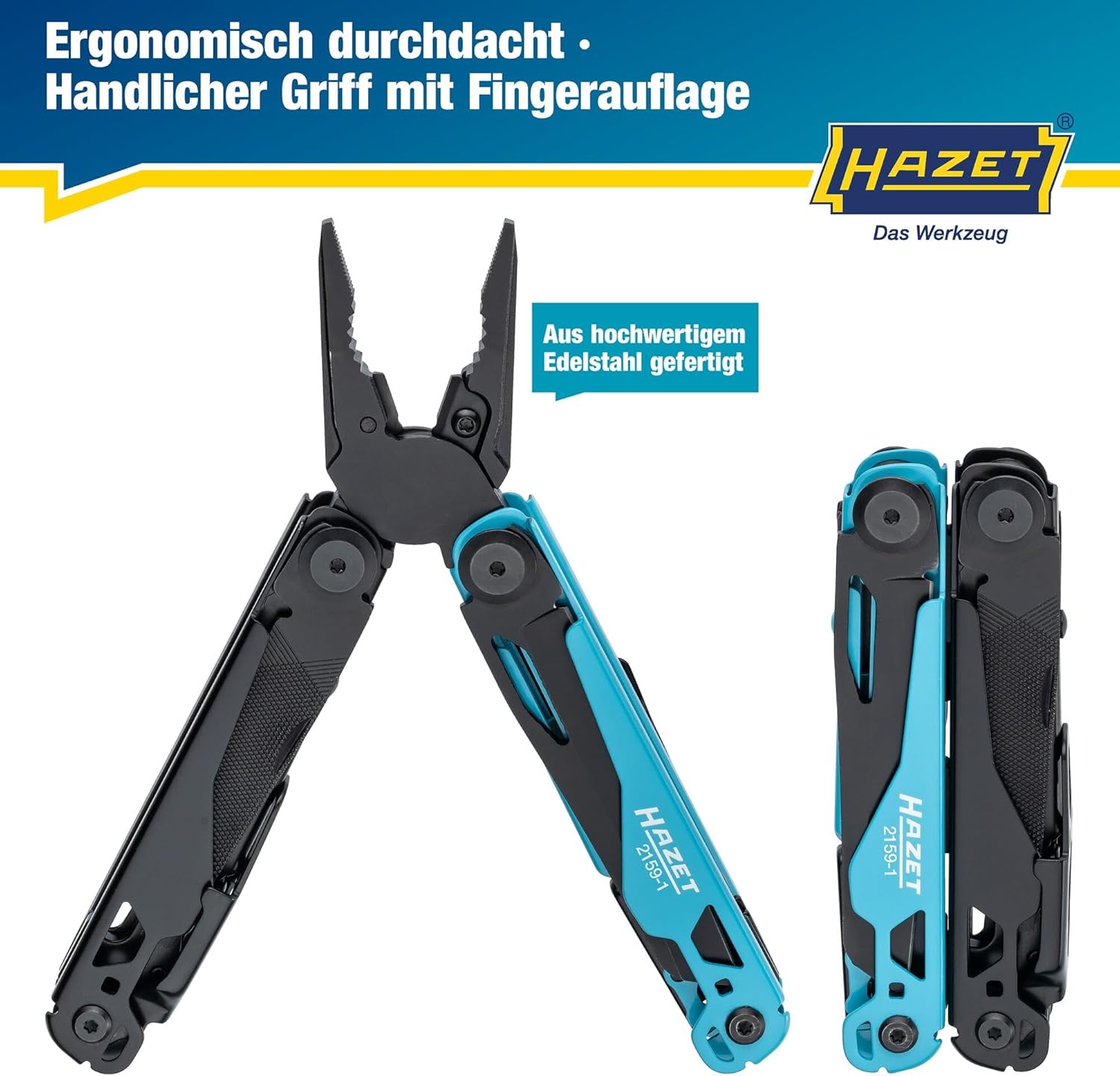 HAZET Multitool 2159-1 13-in-1 Spitzzange aus Edelstahl, Messer, Säge, Schraubendreher, Sechskantschlüssel, Schere, Gürtelclip mit robuster Gürteltasche – Bild 4