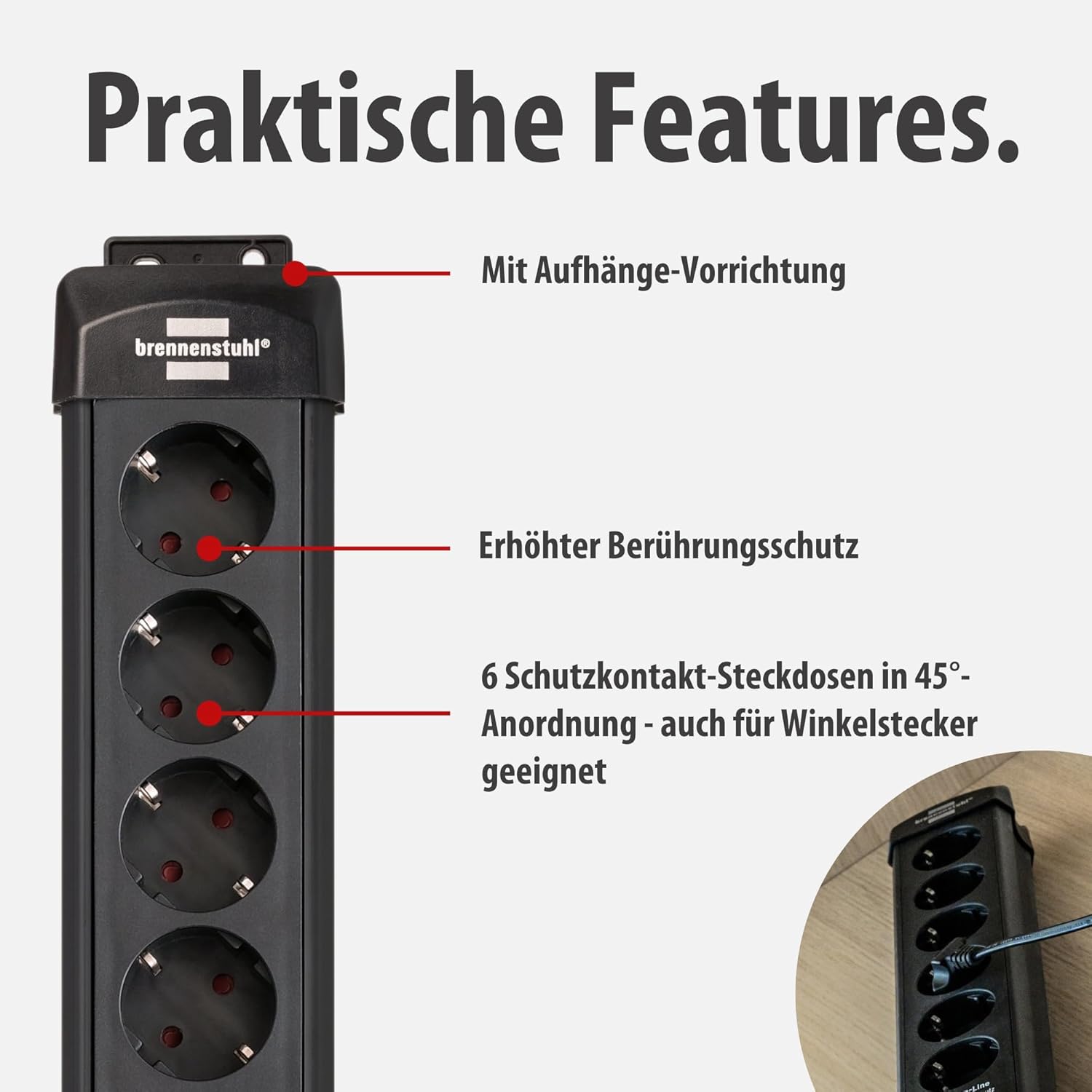 Brennenstuhl Premium-Line Steckdosenleiste 6-fach mit Überspannungsschutz bis zu 26.000 A (Steckerleiste mit 1,8m Kabel und mit Schalter, Made in Germany) schwarz – Bild 3
