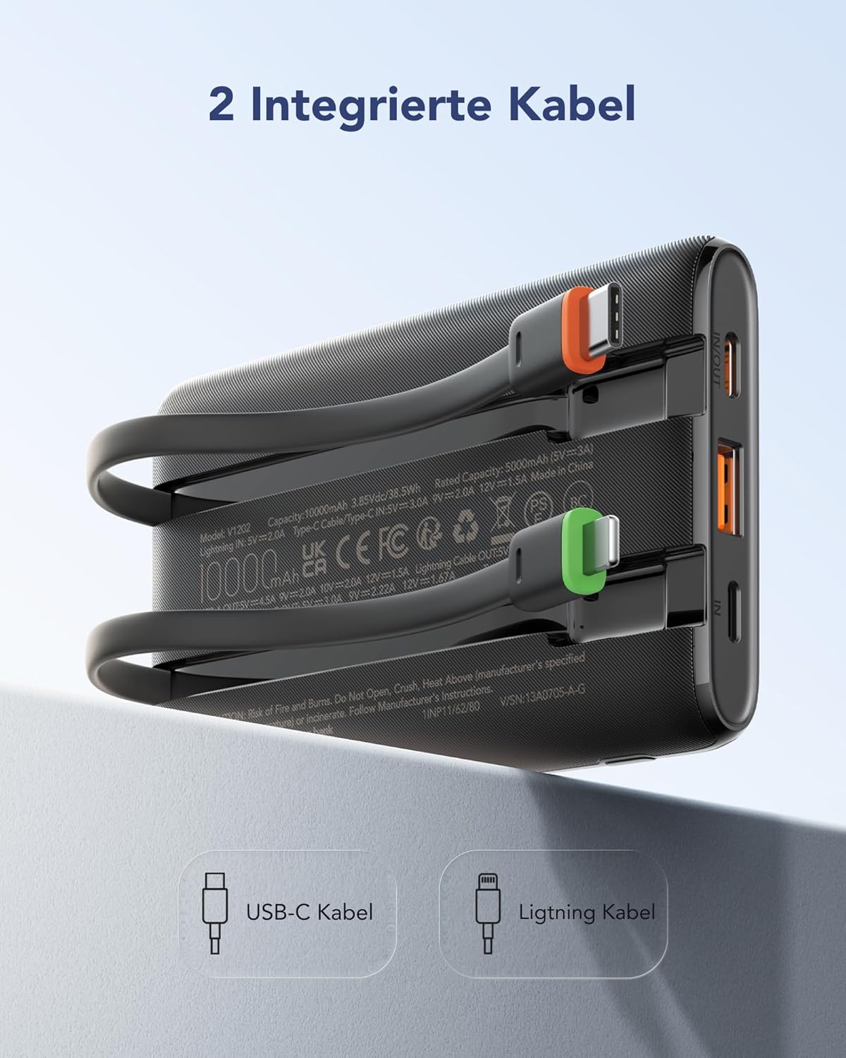 VEGER Powerbank 10000 mAh klein, 22,5 W Schnelllade-Powerbank mit integriertem USB-C-Kabel, externe Handy-Akkus, 4 Ausgänge, 3 Eingänge, kompatibel mit iPhone 17 16 13 Samsung, Travel Essential, Schwarz – Bild 4