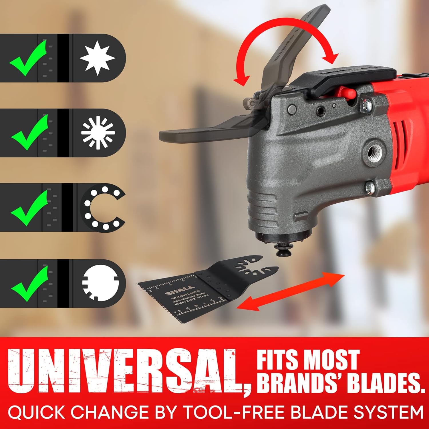 SHALL Oszillierwerkzeug, 500-W-Oszillier-Multitool-Kit mit 5° Oszillationswinkel, Schnellwechsel, 6 Geschwindigkeiten, Zusatzhandgriff, 34 Sägezubehörteilen und Tragetasche – Bild 7